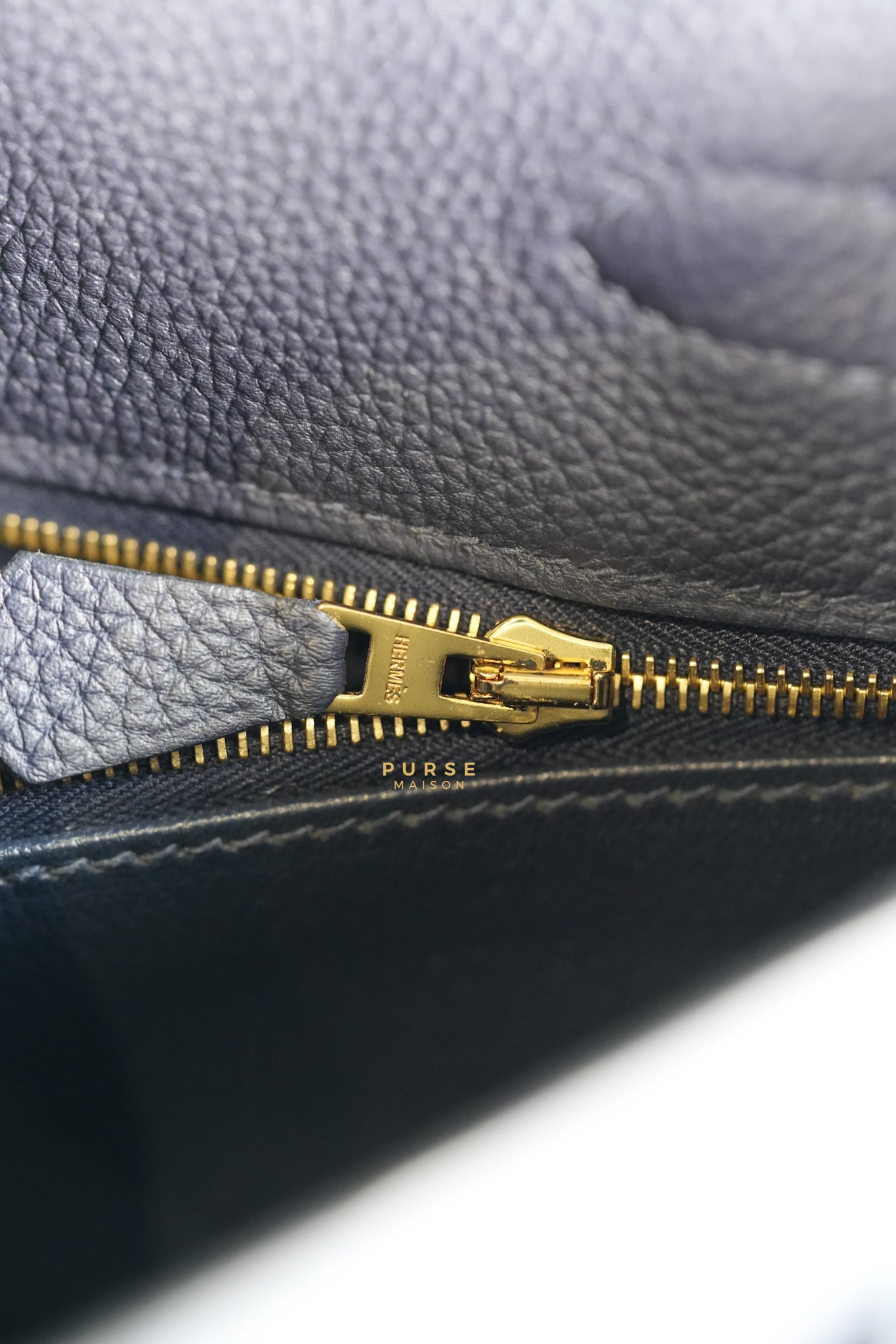 Kelly 28 in Bleu Nuit Togo Leather and Gold Hardware Stamp D | Purse Maison Luxury Bags Shop