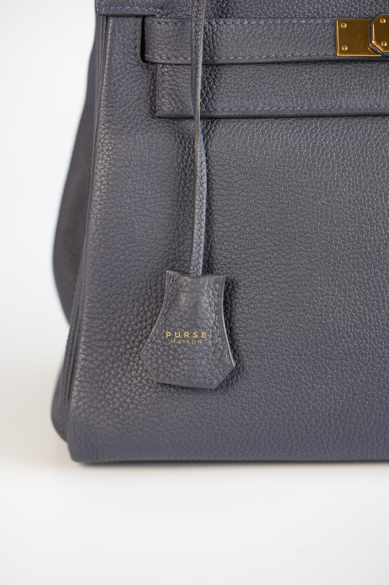 Kelly 28 in Bleu Nuit Togo Leather and Gold Hardware Stamp D | Purse Maison Luxury Bags Shop