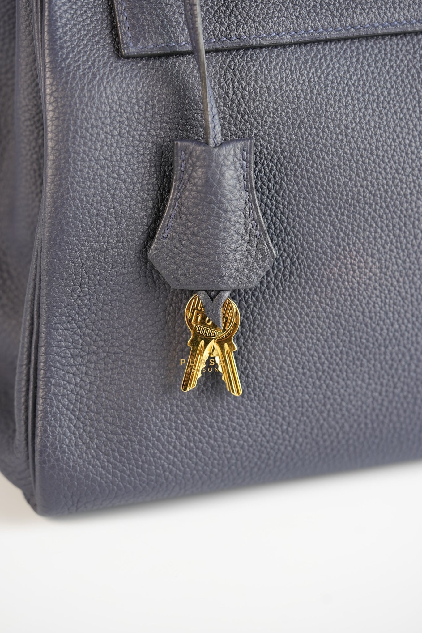 Kelly 28 in Bleu Nuit Togo Leather and Gold Hardware Stamp D | Purse Maison Luxury Bags Shop