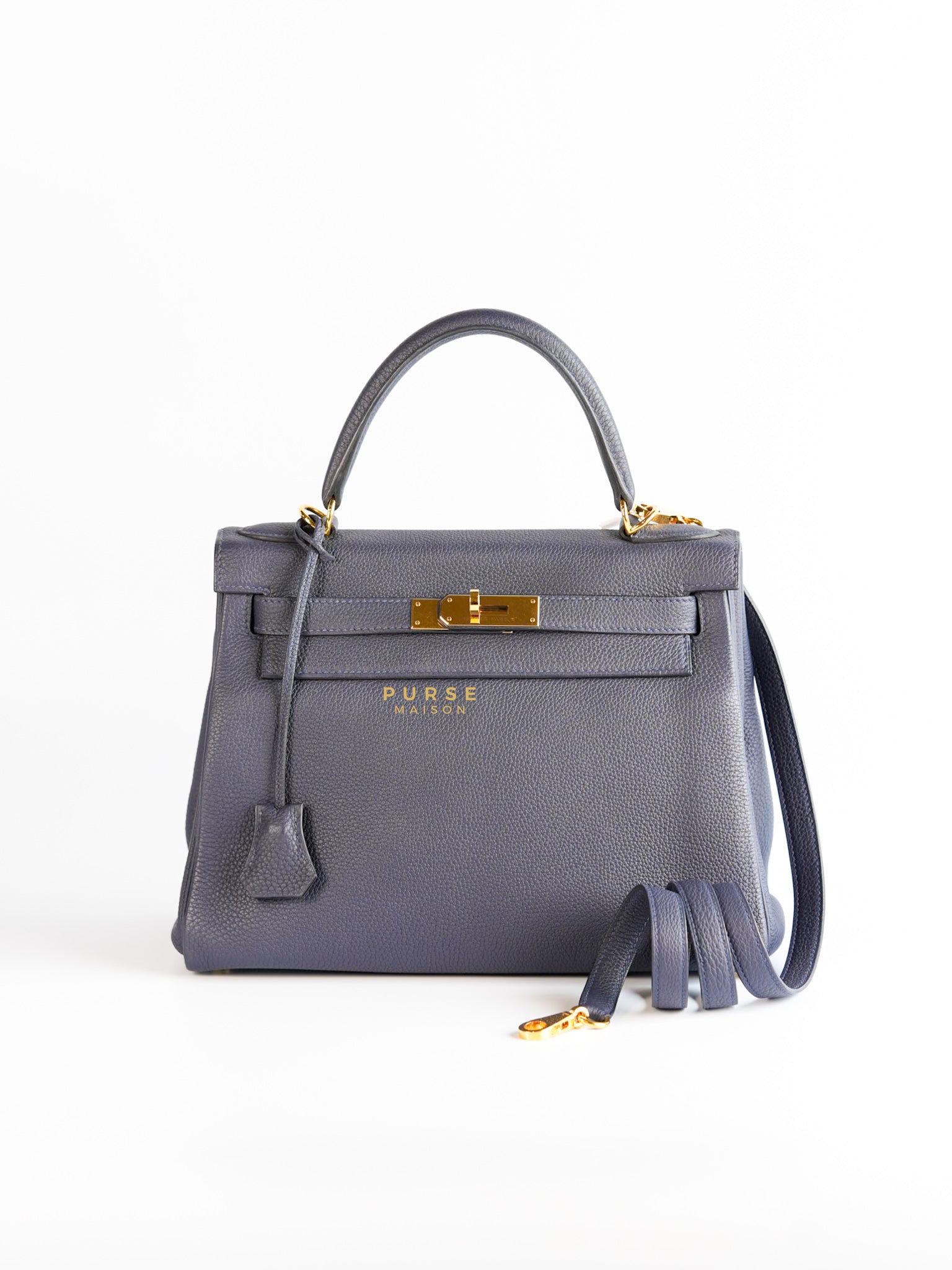 Kelly 28 in Bleu Nuit Togo Leather and Gold Hardware Stamp D | Purse Maison Luxury Bags Shop