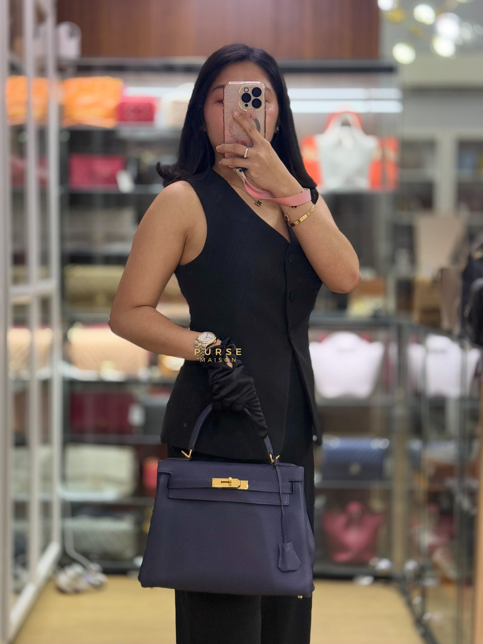 Kelly 28 in Bleu Nuit Togo Leather and Gold Hardware Stamp D | Purse Maison Luxury Bags Shop