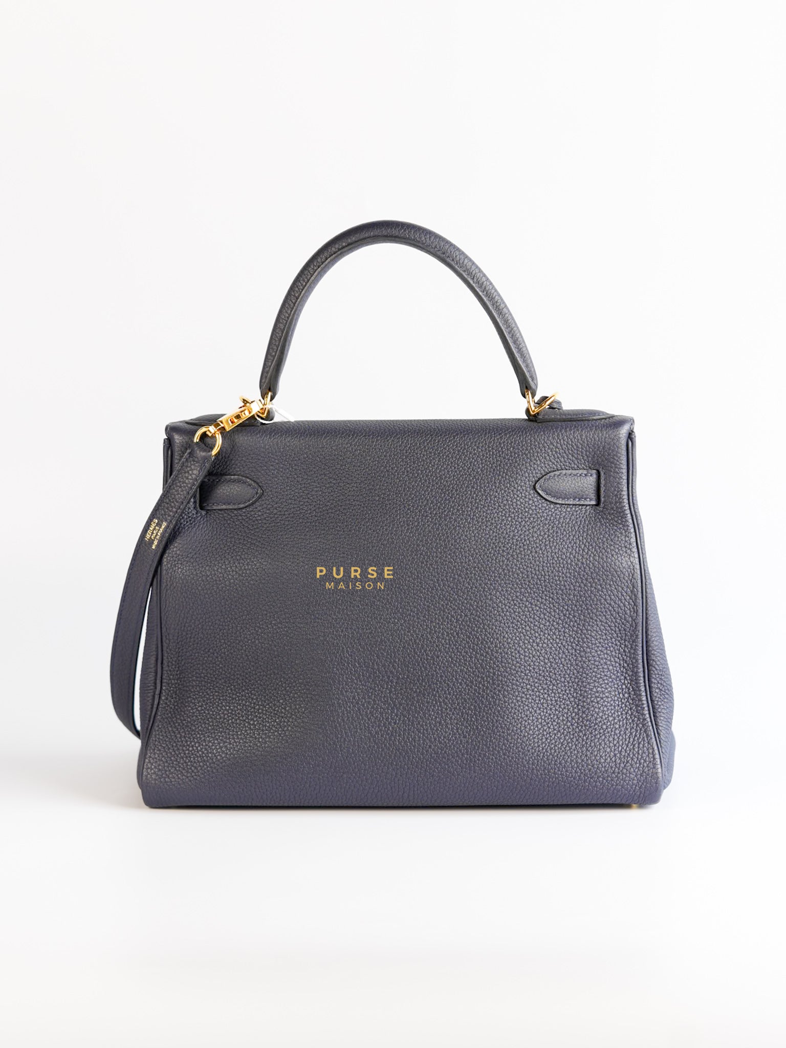 Kelly 28 in Bleu Nuit Togo Leather and Gold Hardware Stamp D | Purse Maison Luxury Bags Shop