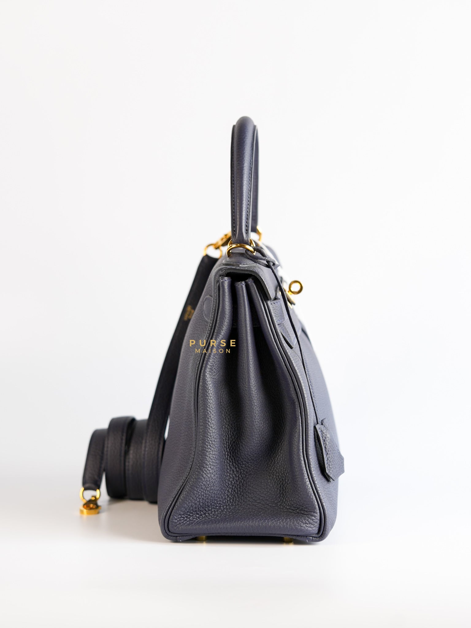 Kelly 28 in Bleu Nuit Togo Leather and Gold Hardware Stamp D | Purse Maison Luxury Bags Shop