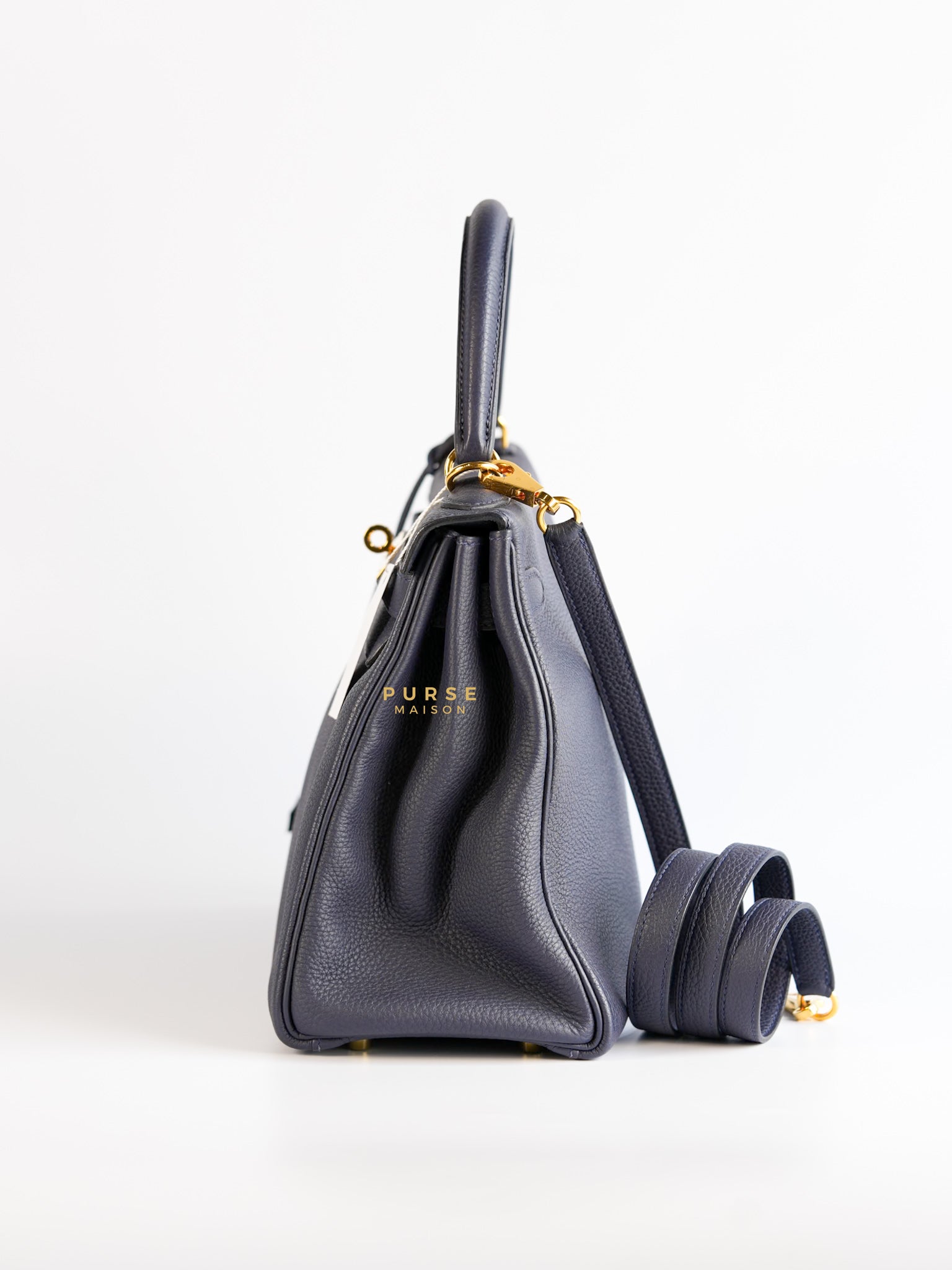 Kelly 28 in Bleu Nuit Togo Leather and Gold Hardware Stamp D | Purse Maison Luxury Bags Shop