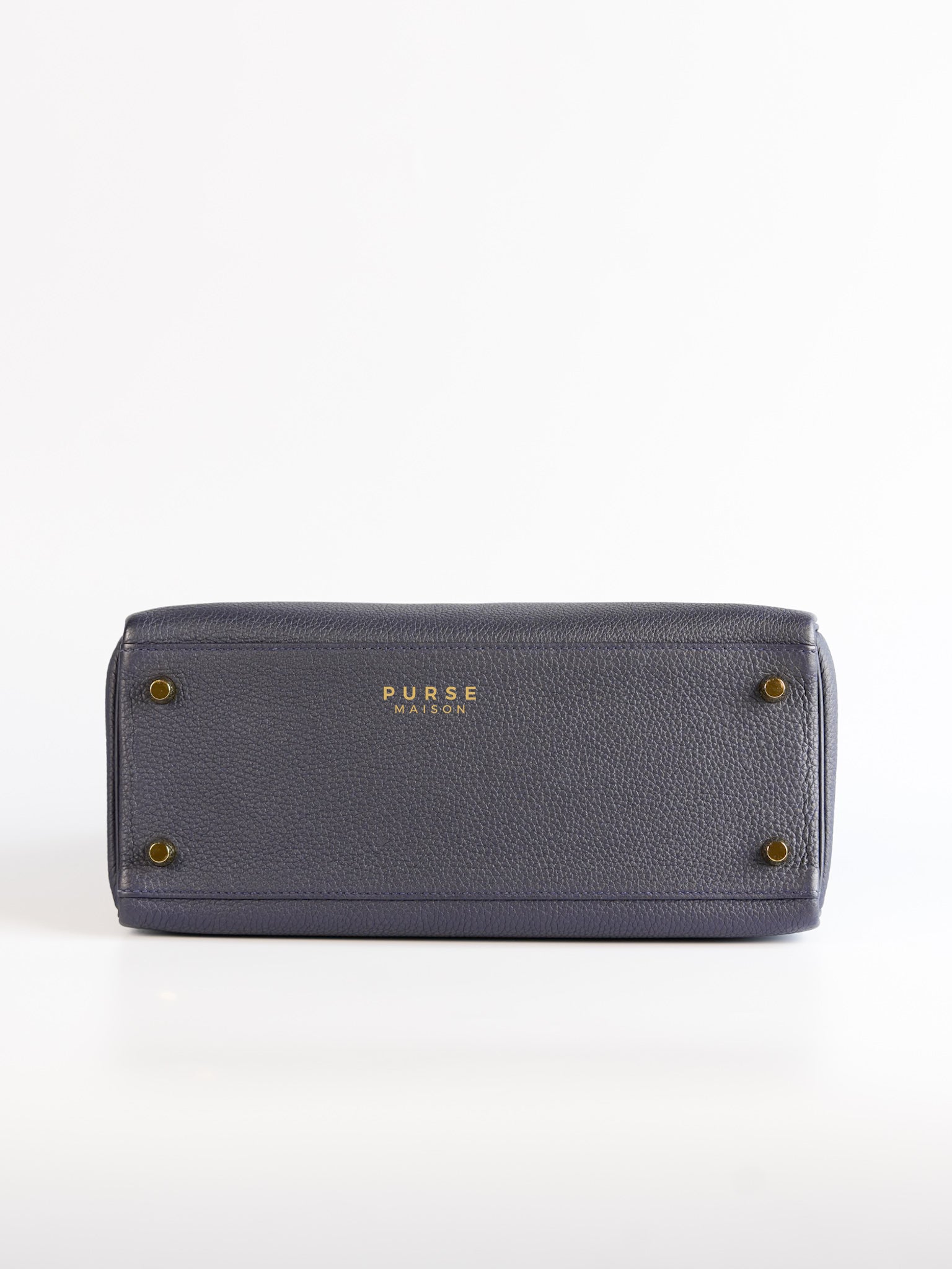 Kelly 28 in Bleu Nuit Togo Leather and Gold Hardware Stamp D | Purse Maison Luxury Bags Shop