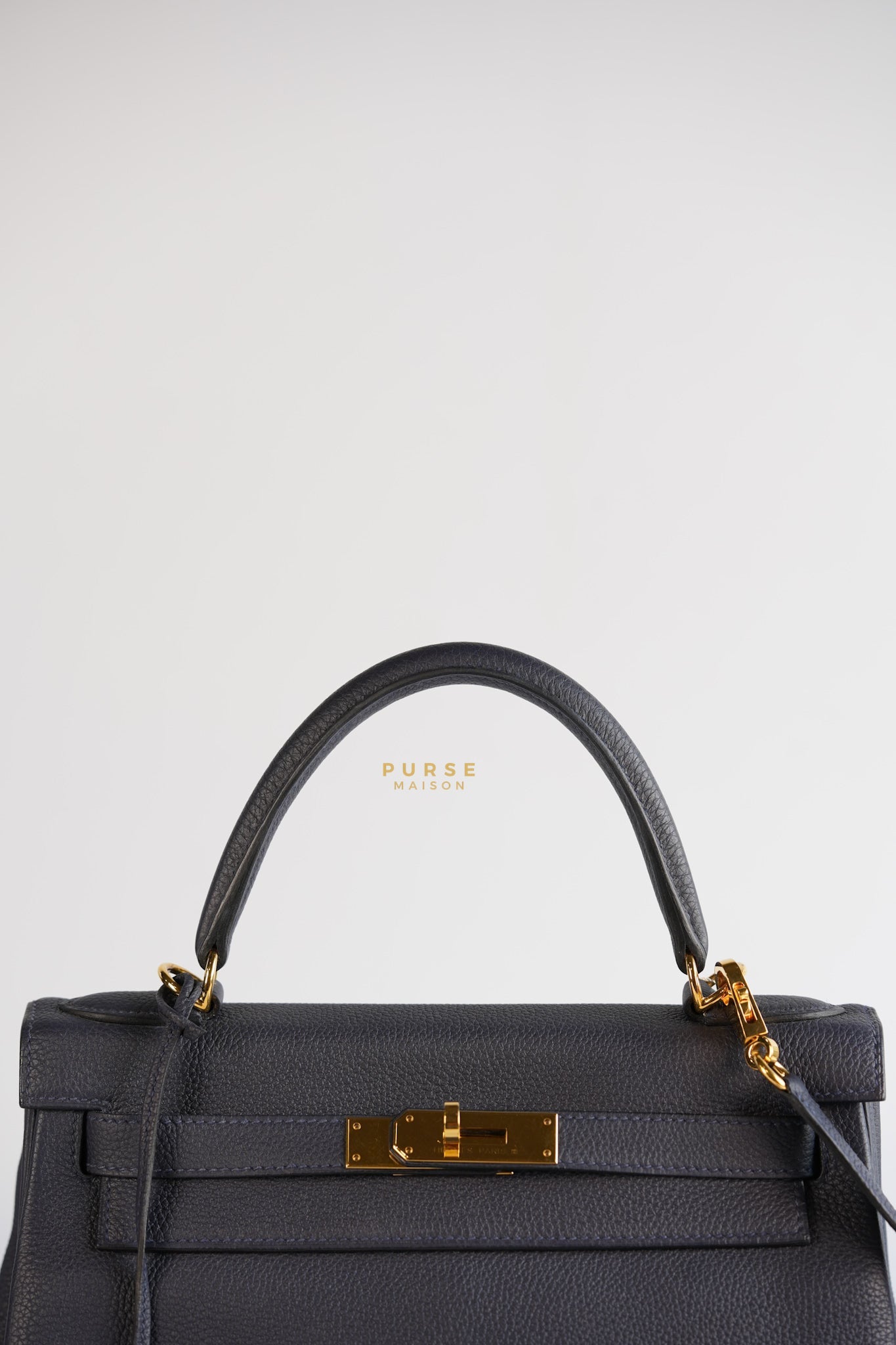 Kelly 28 in Bleu Nuit Togo Leather and Gold Hardware Stamp D | Purse Maison Luxury Bags Shop