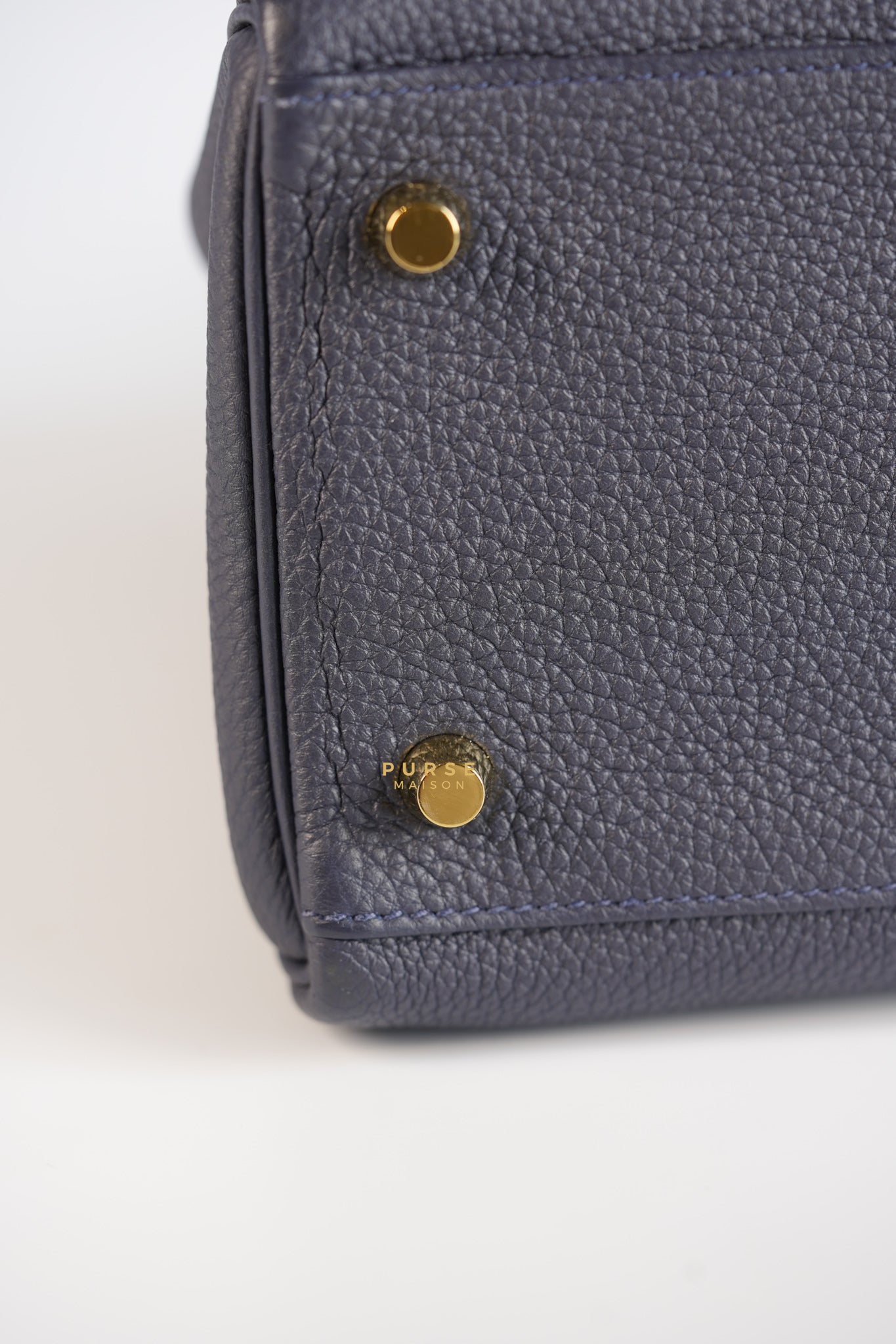 Kelly 28 in Bleu Nuit Togo Leather and Gold Hardware Stamp D | Purse Maison Luxury Bags Shop