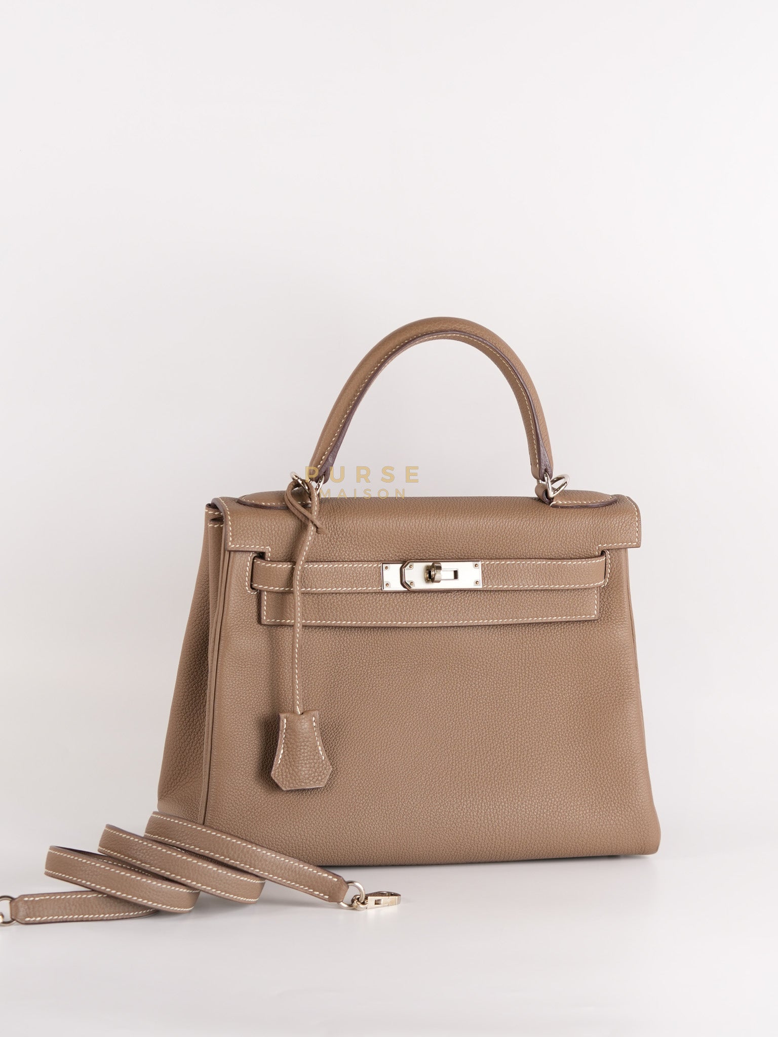 Kelly 28 in Etoupe Togo Leather & Palladium Hardware Stamp D(2019) | Purse Maison Luxury Bags Shop
