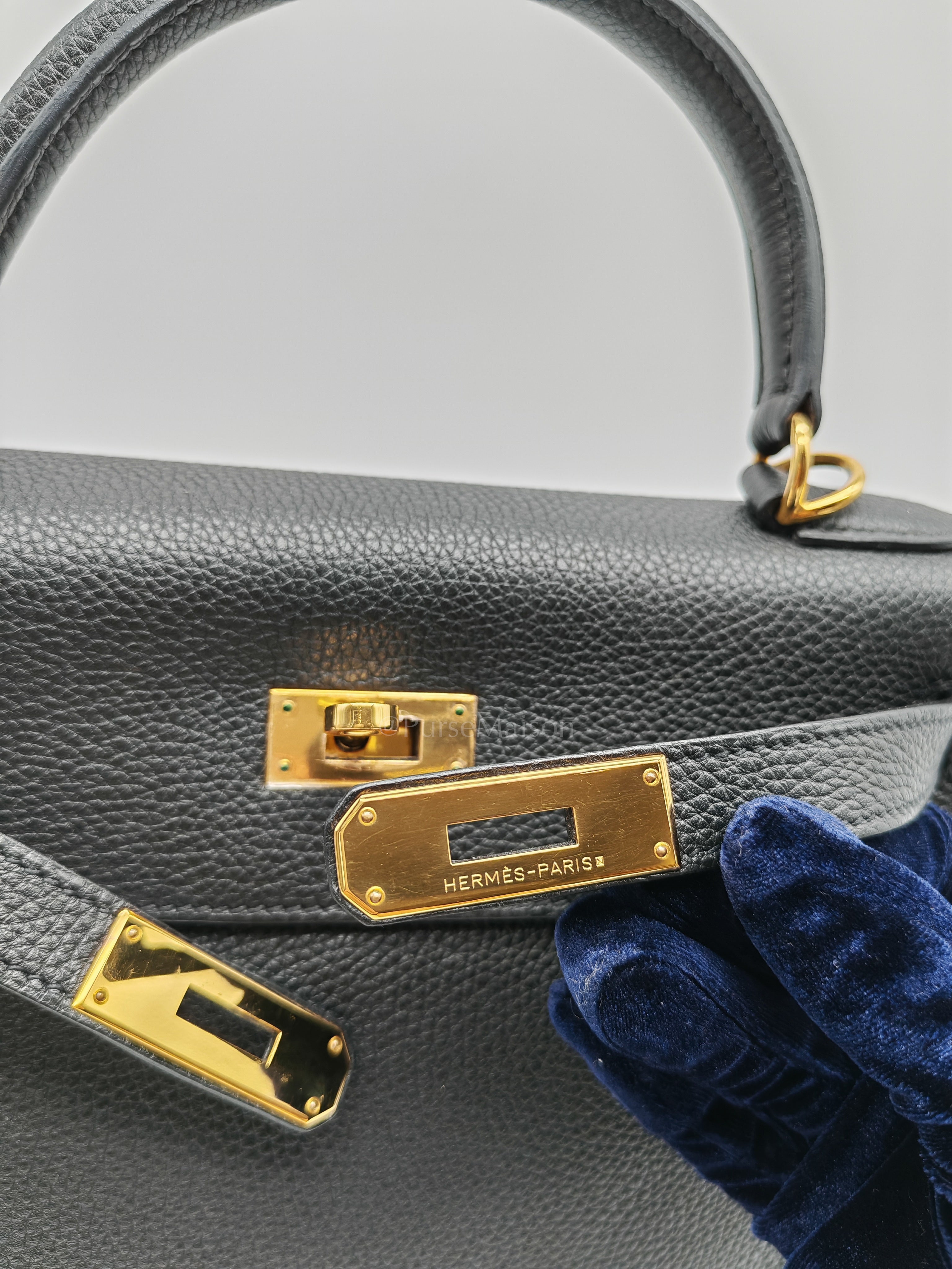 Kelly 28 Retourne in Black Togo Leather & Gold Hardware Stamp Square M (2009) | Purse Maison Luxury Bags Shop