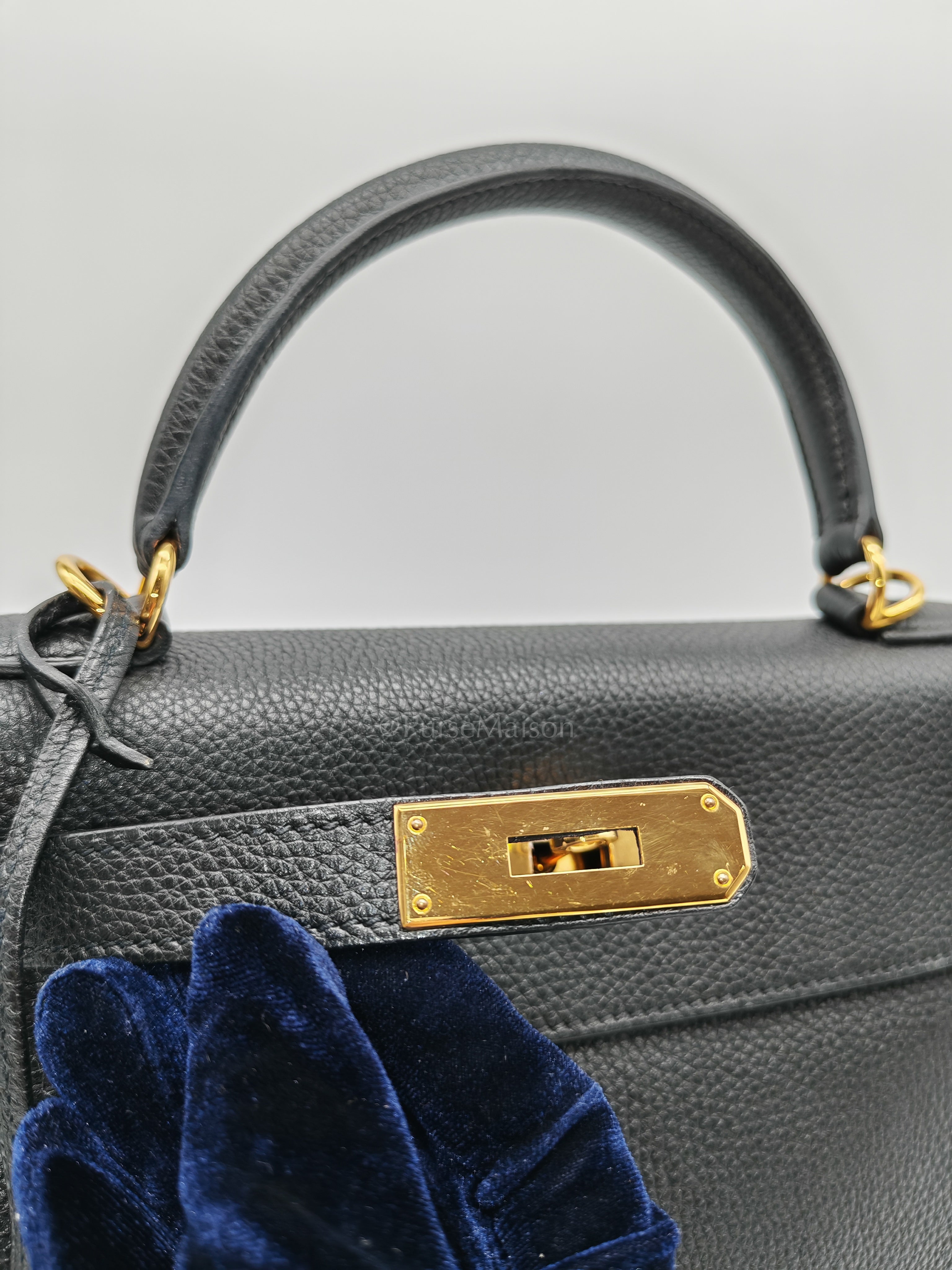 Kelly 28 Retourne in Black Togo Leather & Gold Hardware Stamp Square M (2009) | Purse Maison Luxury Bags Shop