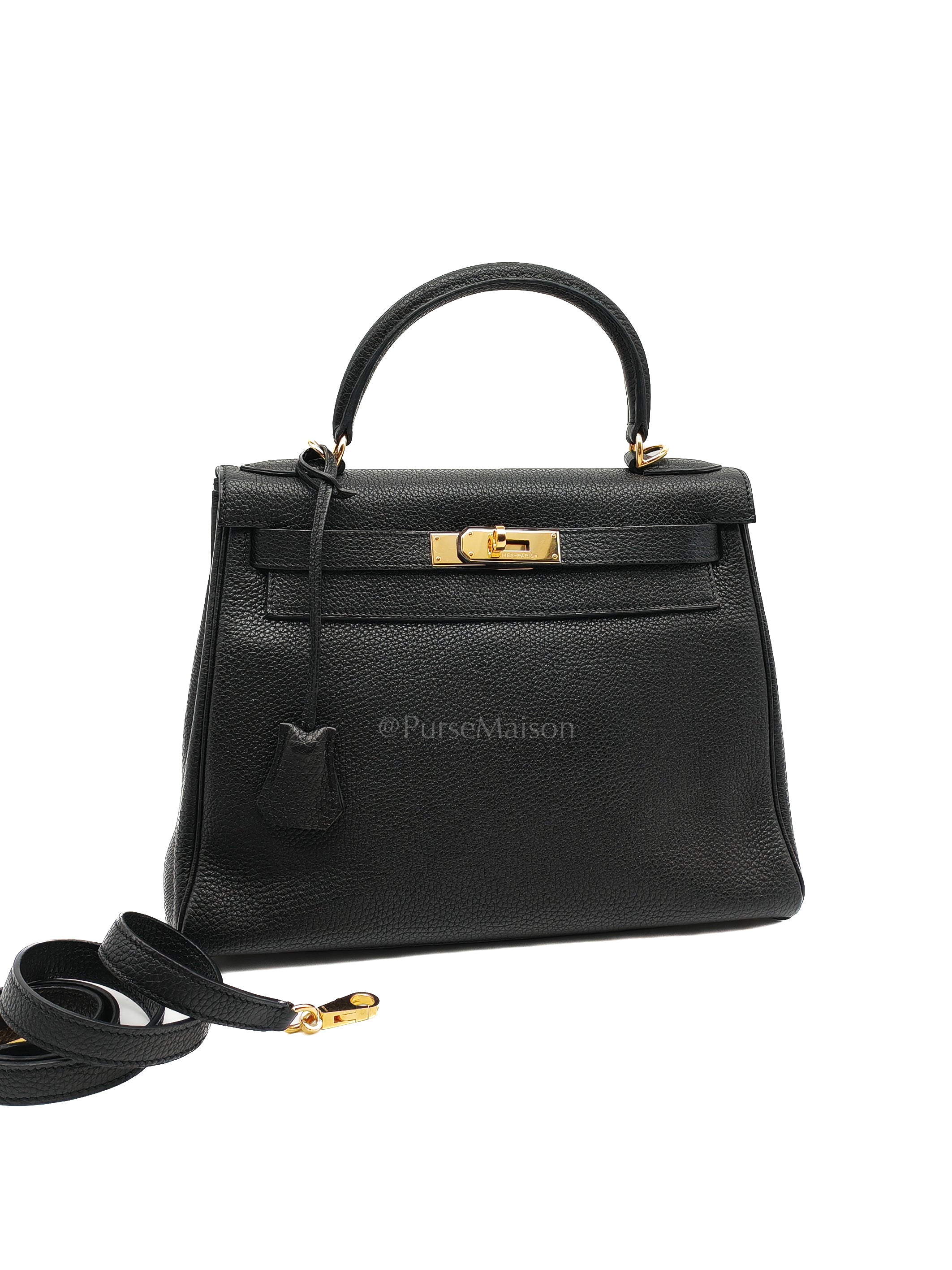 Kelly 28 Retourne in Black Togo Leather & Gold Hardware Stamp Square M (2009) | Purse Maison Luxury Bags Shop