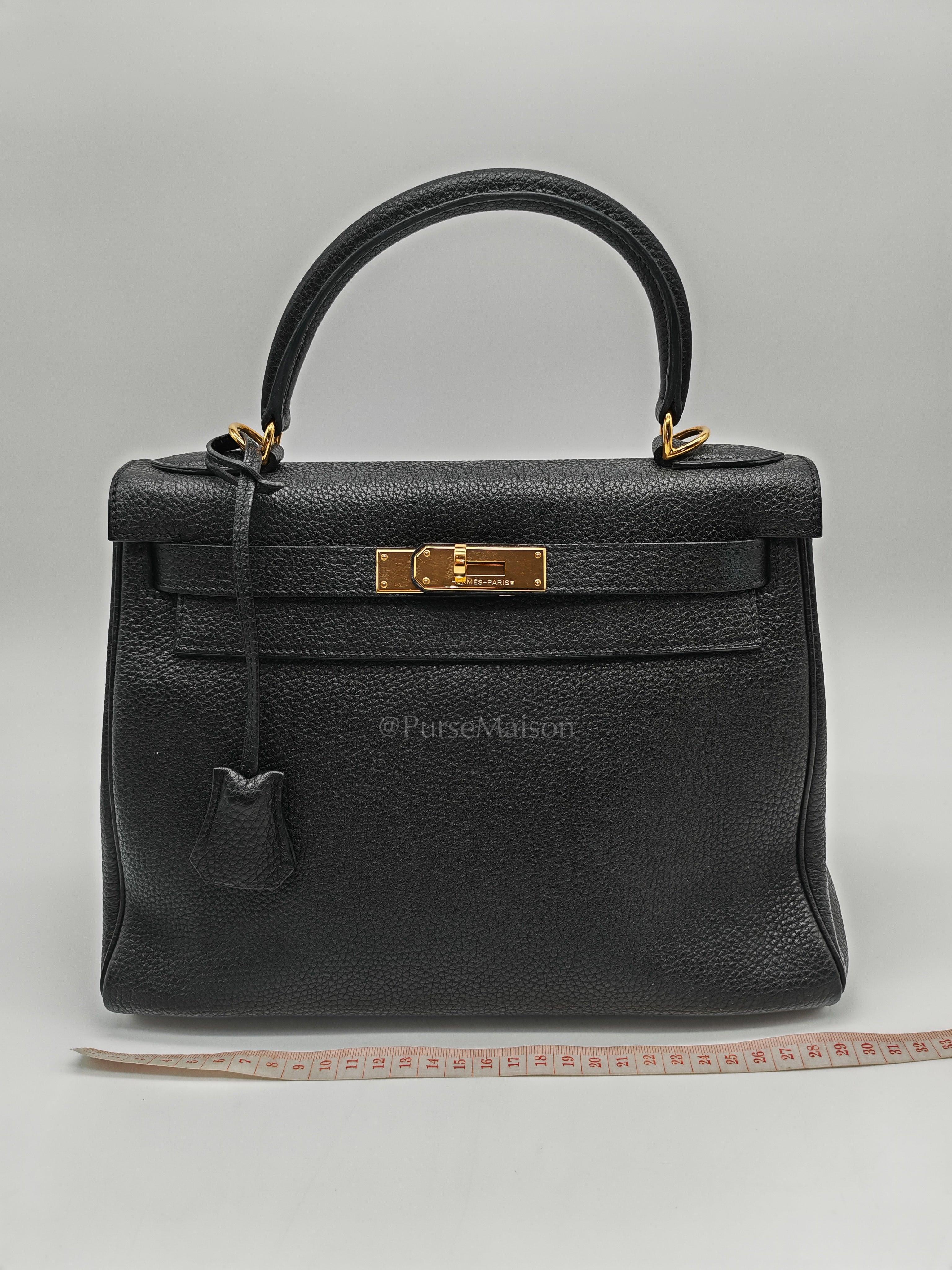Kelly 28 Retourne in Black Togo Leather & Gold Hardware Stamp Square M (2009) | Purse Maison Luxury Bags Shop