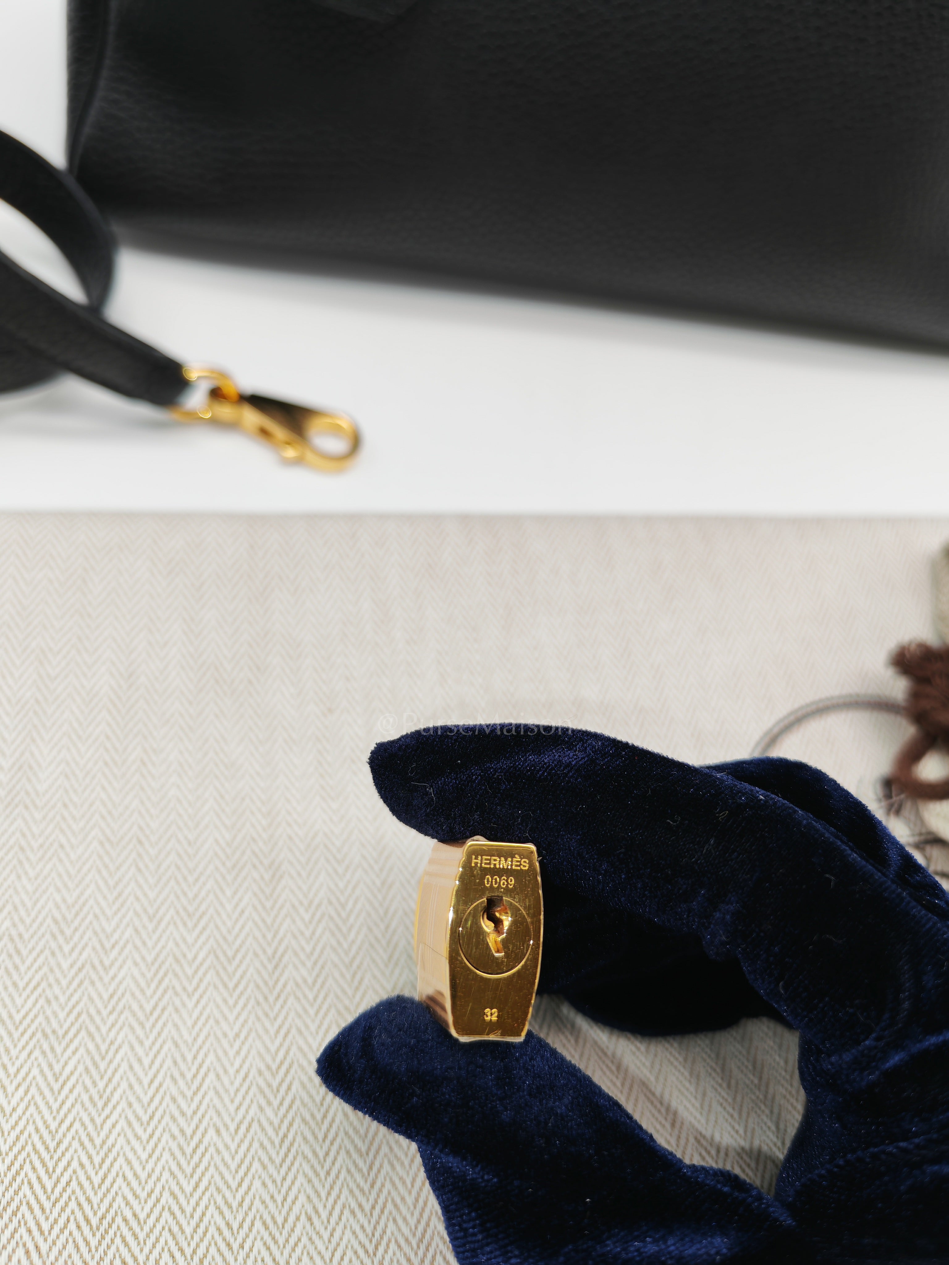 Kelly 28 Retourne in Black Togo Leather & Gold Hardware Stamp Square M (2009) | Purse Maison Luxury Bags Shop