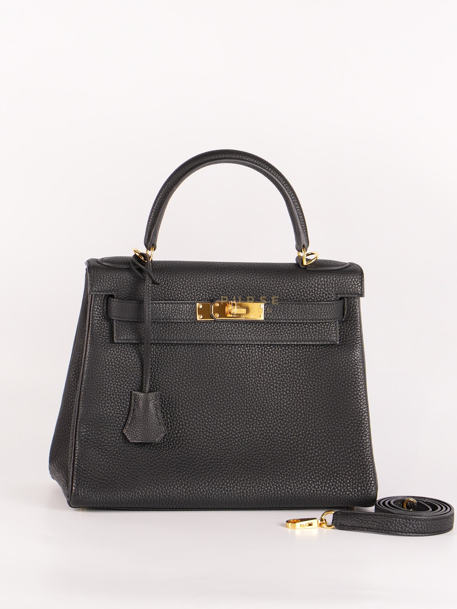 Kelly 28 Retourne in Black Togo Leather in Gold Hardware Stamp X (2016) | Purse Maison Luxury Bags Shop
