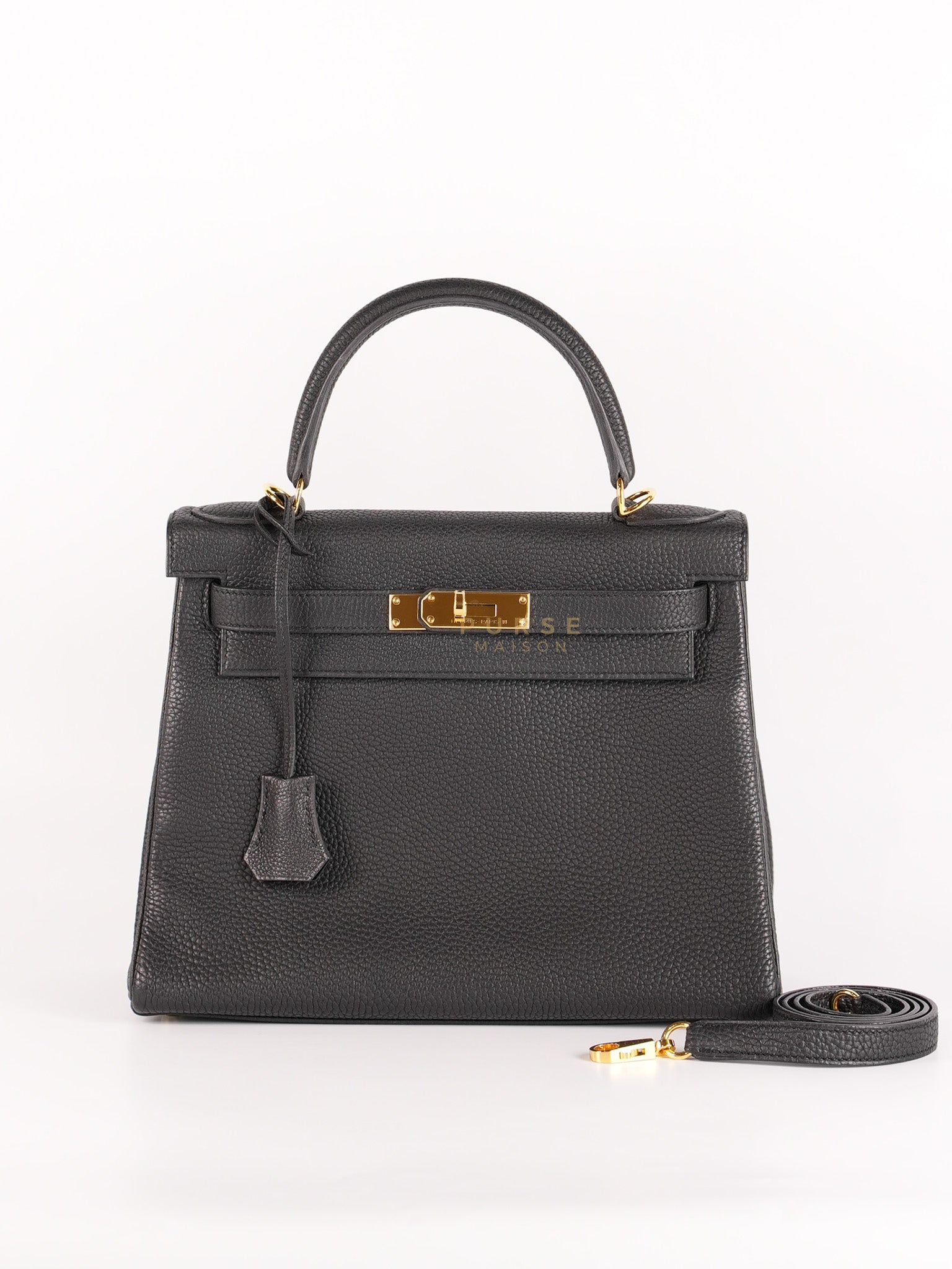 Kelly 28 Retourne in Black Togo Leather in Gold Hardware Stamp X (2016) | Purse Maison Luxury Bags Shop
