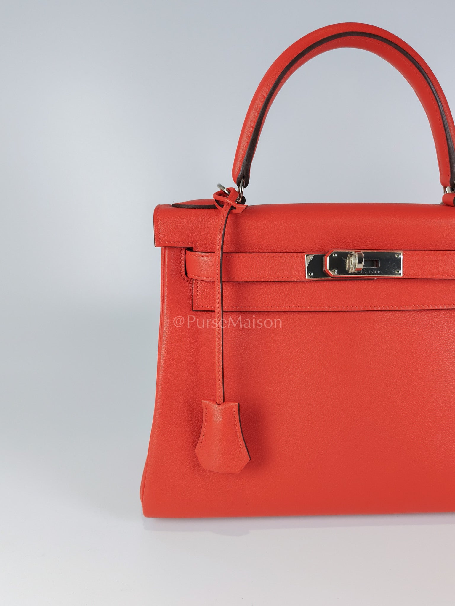 Kelly 28 Retourne in Rouge Tomate Evercolor in Palladium Hardware Stamp X (2016) | Purse Maison Luxury Bags Shop