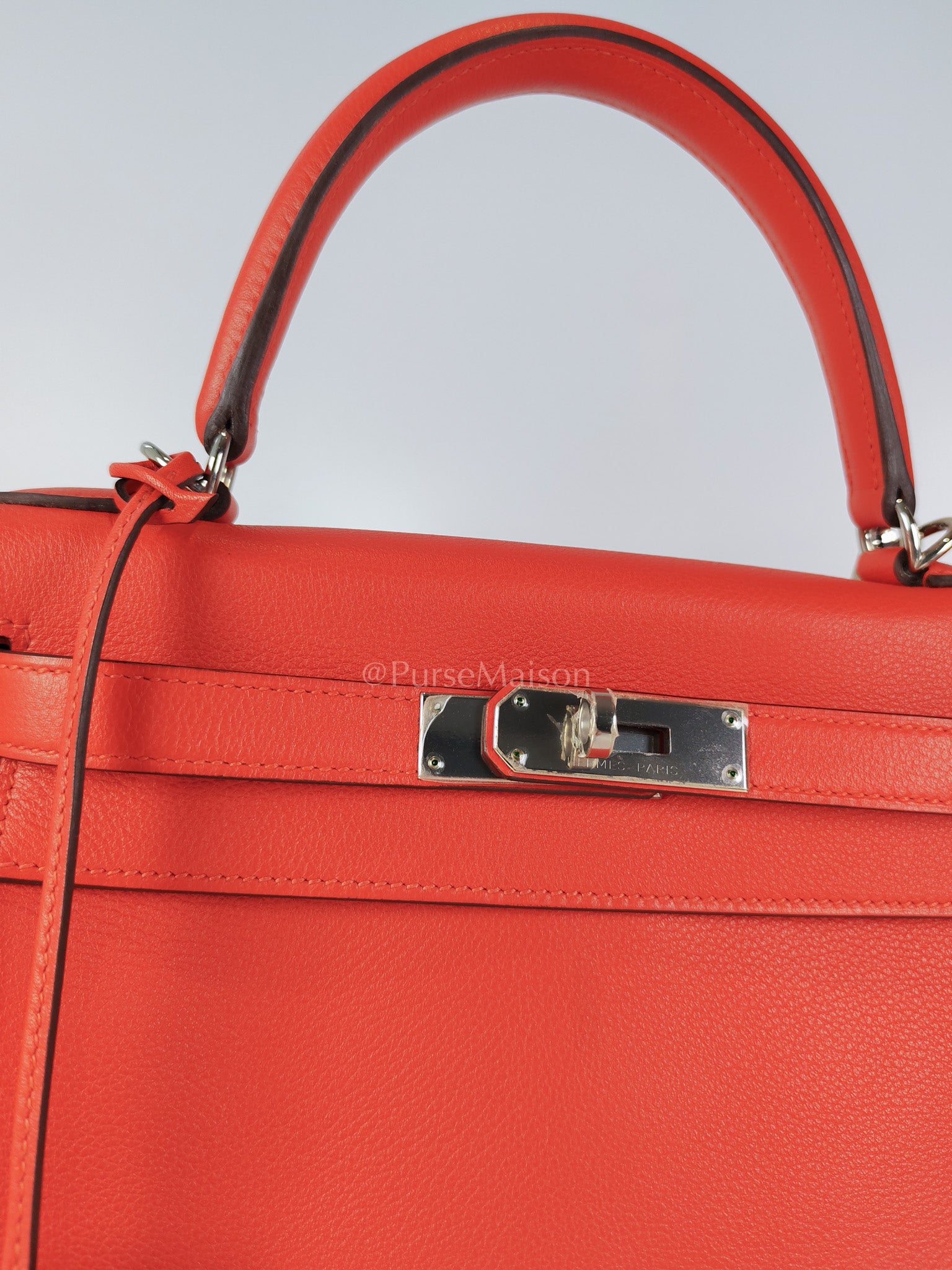 Kelly 28 Retourne in Rouge Tomate Evercolor in Palladium Hardware Stamp X (2016) | Purse Maison Luxury Bags Shop