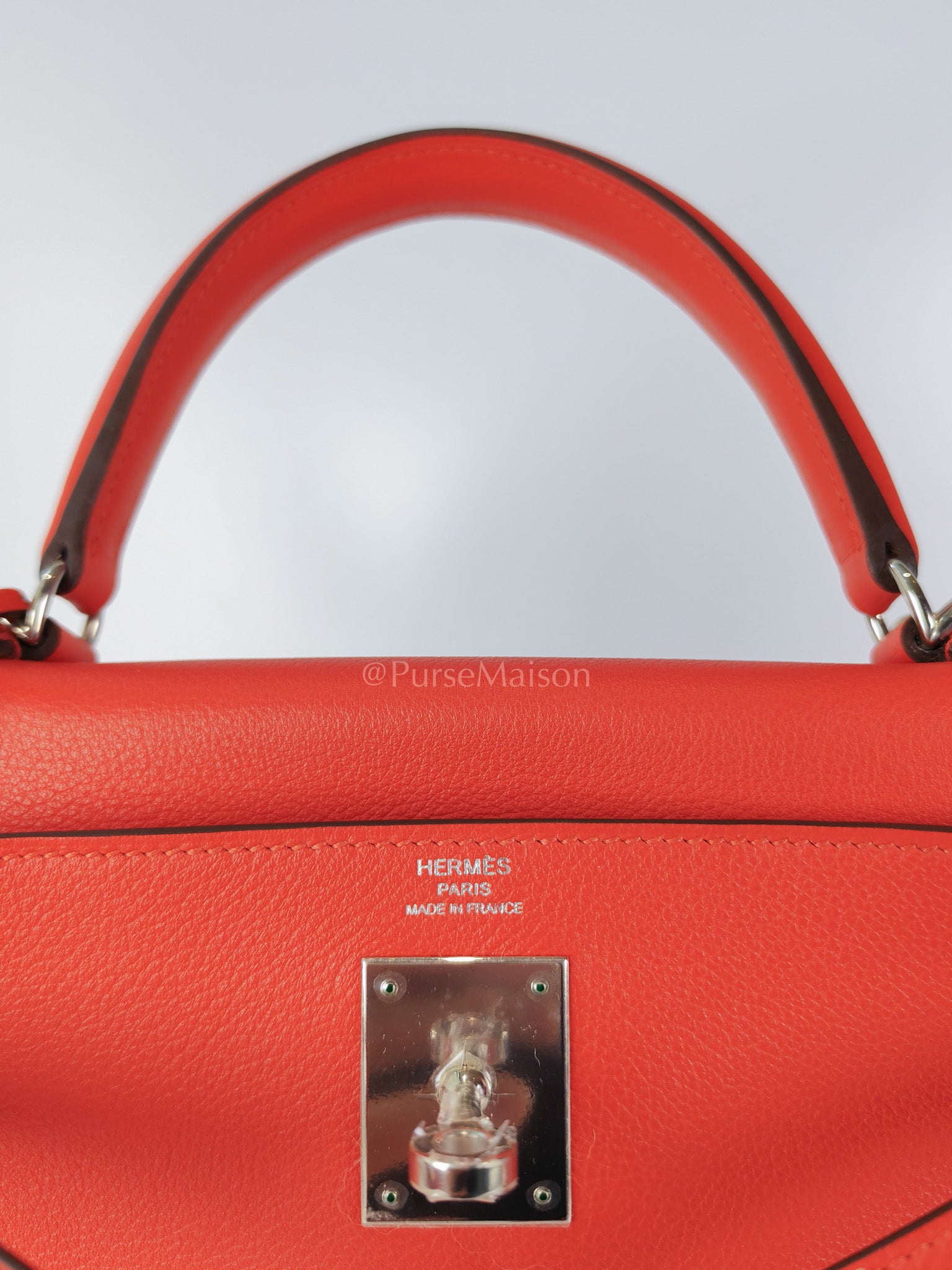 Kelly 28 Retourne in Rouge Tomate Evercolor in Palladium Hardware Stamp X (2016) | Purse Maison Luxury Bags Shop