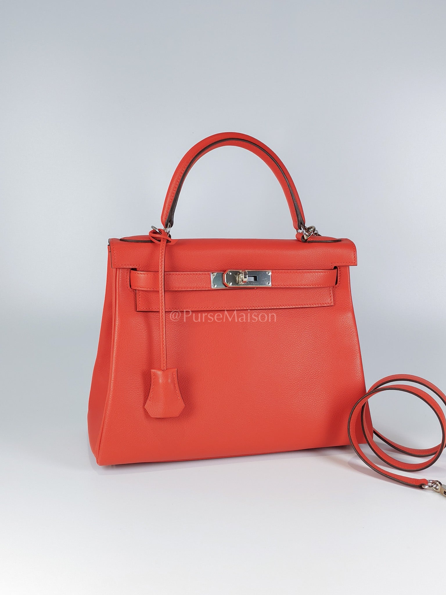 Kelly 28 Retourne in Rouge Tomate Evercolor in Palladium Hardware Stamp X (2016) | Purse Maison Luxury Bags Shop