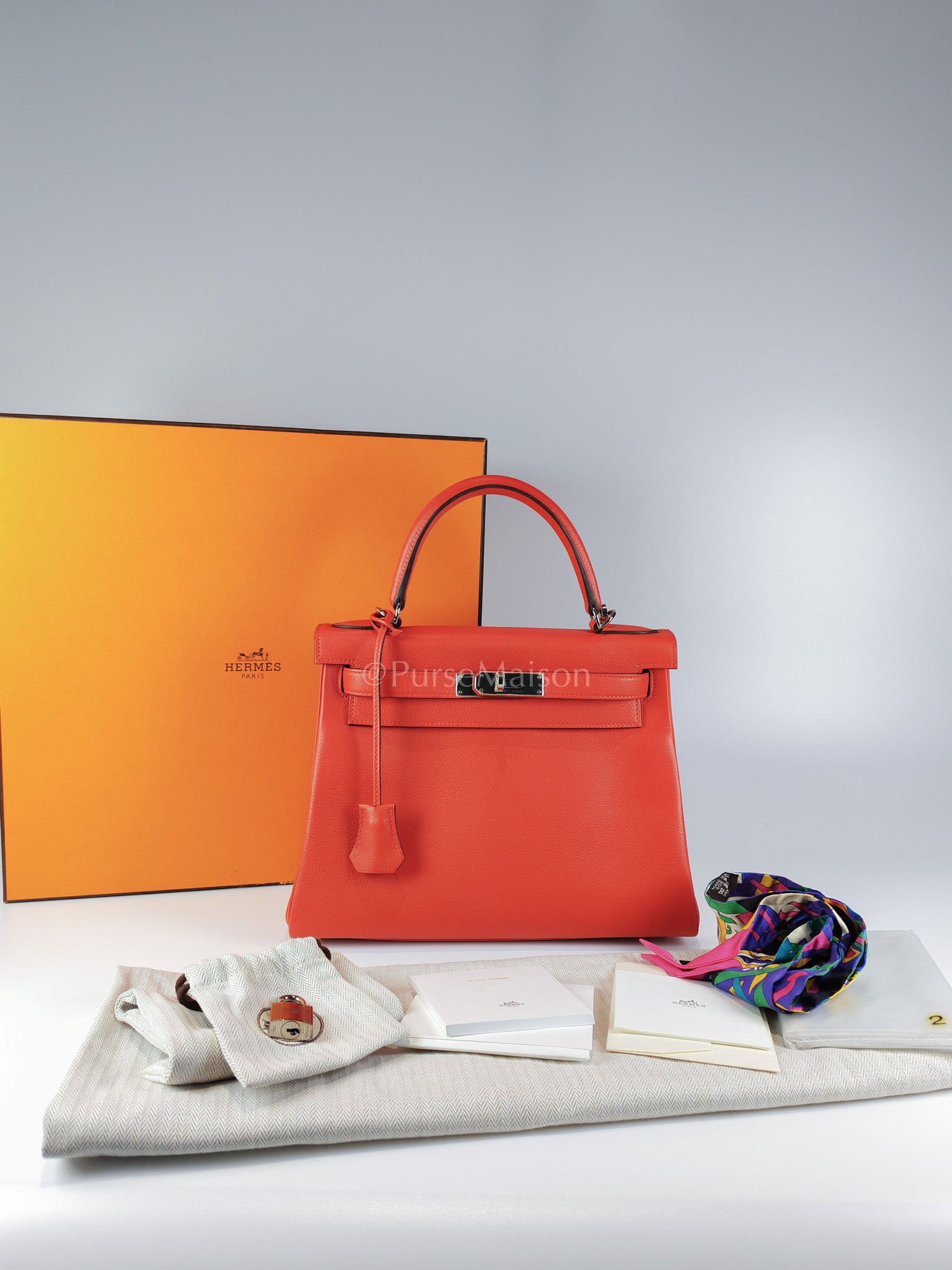 Kelly 28 Retourne in Rouge Tomate Evercolor in Palladium Hardware Stamp X (2016) | Purse Maison Luxury Bags Shop