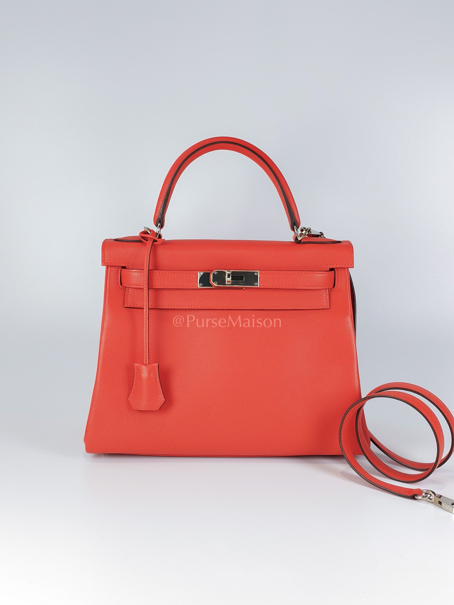 Kelly 28 Retourne in Rouge Tomate Evercolor in Palladium Hardware Stamp X (2016) | Purse Maison Luxury Bags Shop