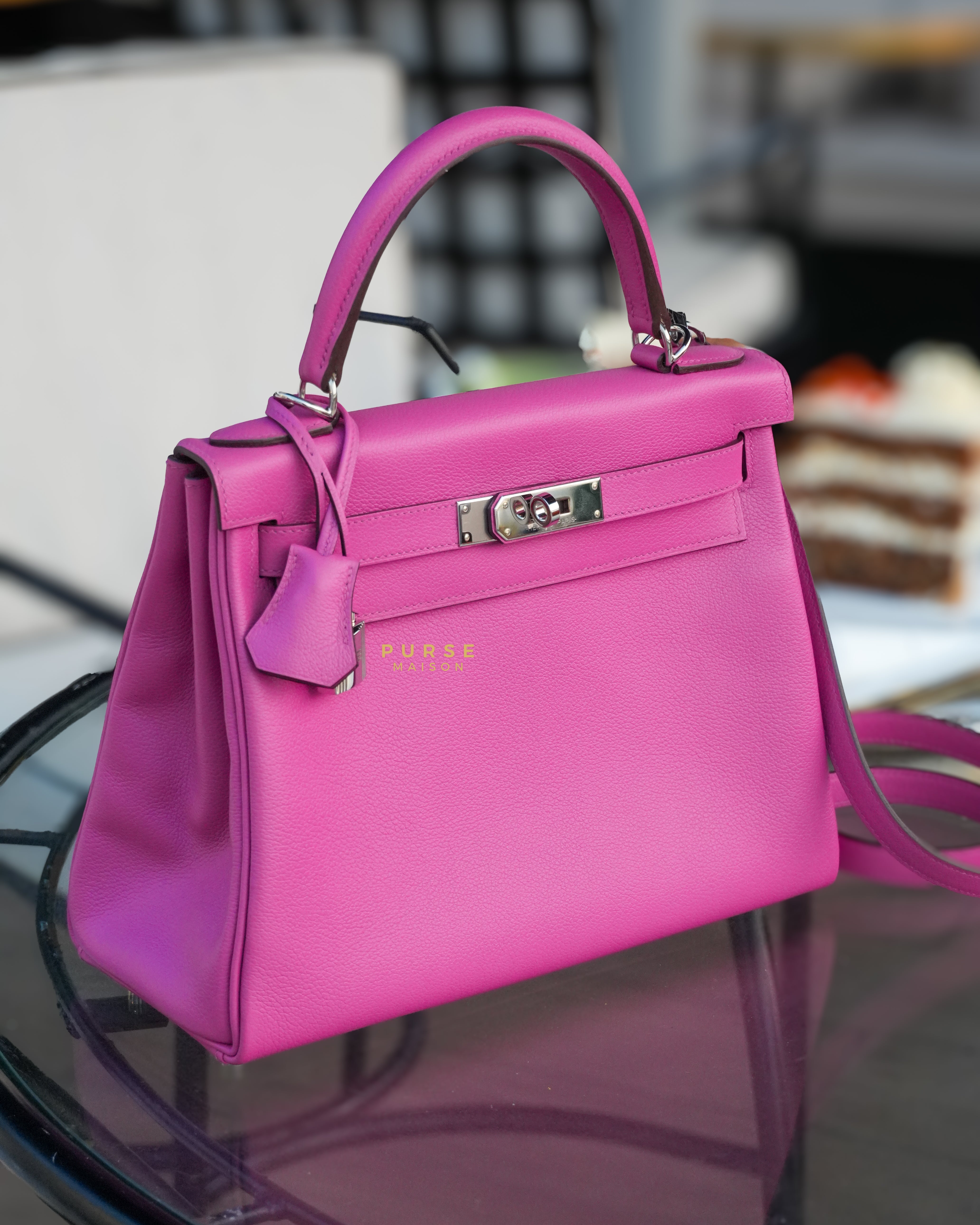 Kelly 28 Retourne Magnolia Veau Evercolor Palladium Hardware Stamp D (2019) | Purse Maison Luxury Bags Shop