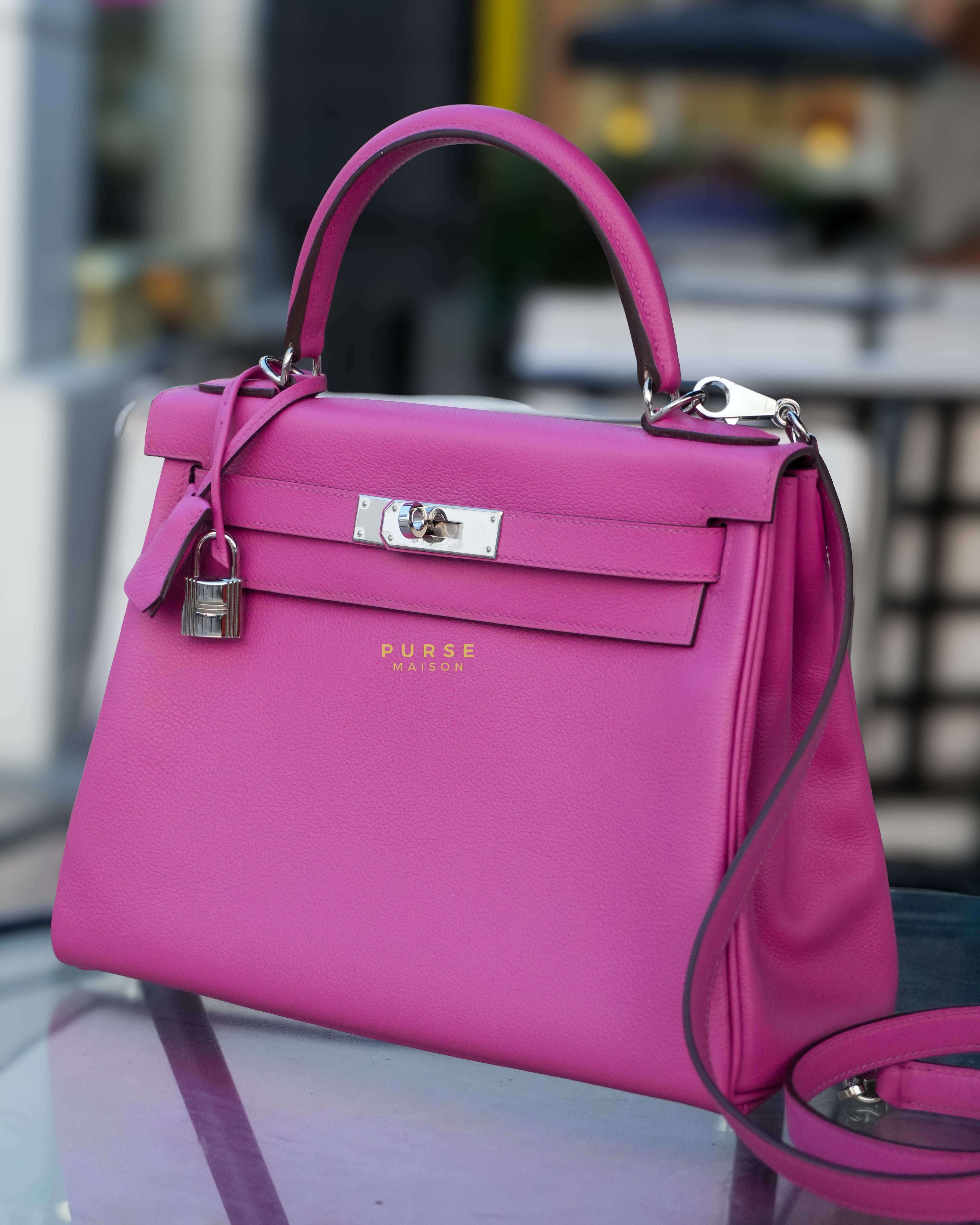 Kelly 28 Retourne Magnolia Veau Evercolor Palladium Hardware Stamp D (2019) | Purse Maison Luxury Bags Shop