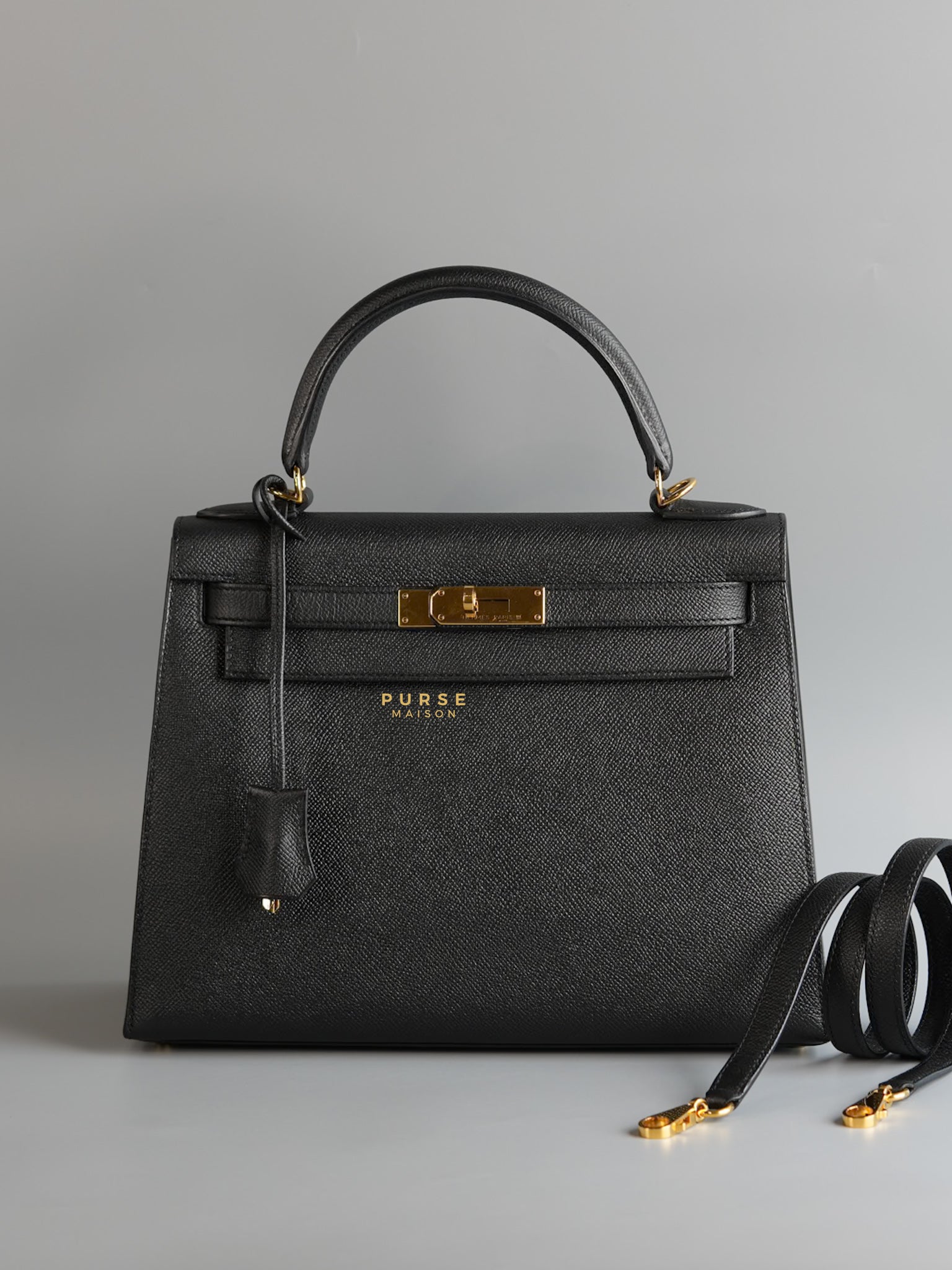 Kelly 28 Sellier Black in Epsom Leather and Gold Hardware Stamp X (2016) | Purse Maison Luxury Bags Shop