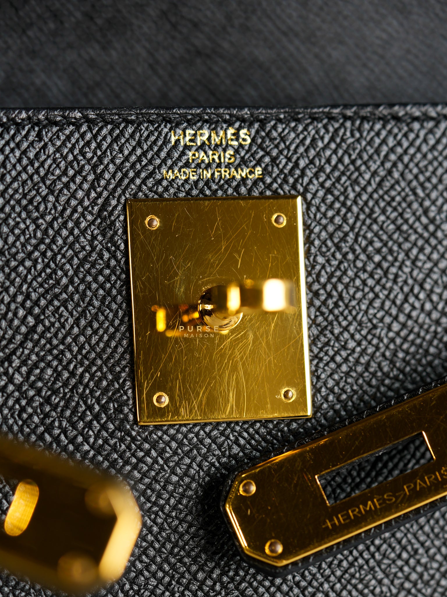 Kelly 28 Sellier Black in Epsom Leather and Gold Hardware Stamp X (2016) | Purse Maison Luxury Bags Shop