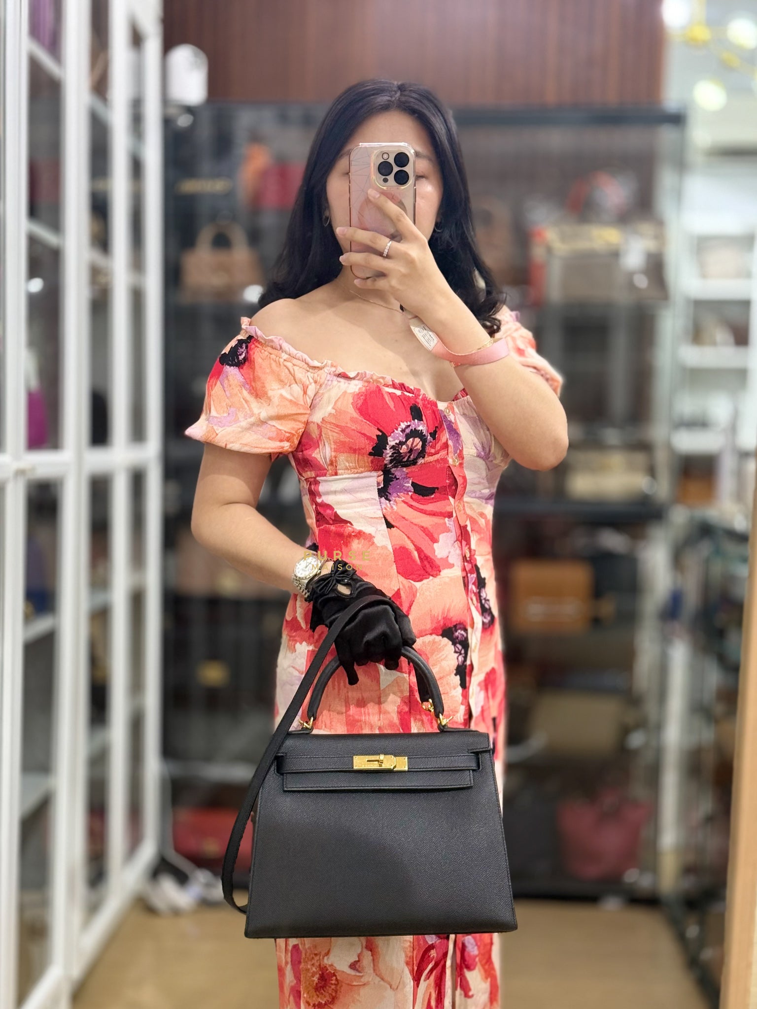 Kelly 28 Sellier Black in Epsom Leather and Gold Hardware Stamp X (2016) | Purse Maison Luxury Bags Shop