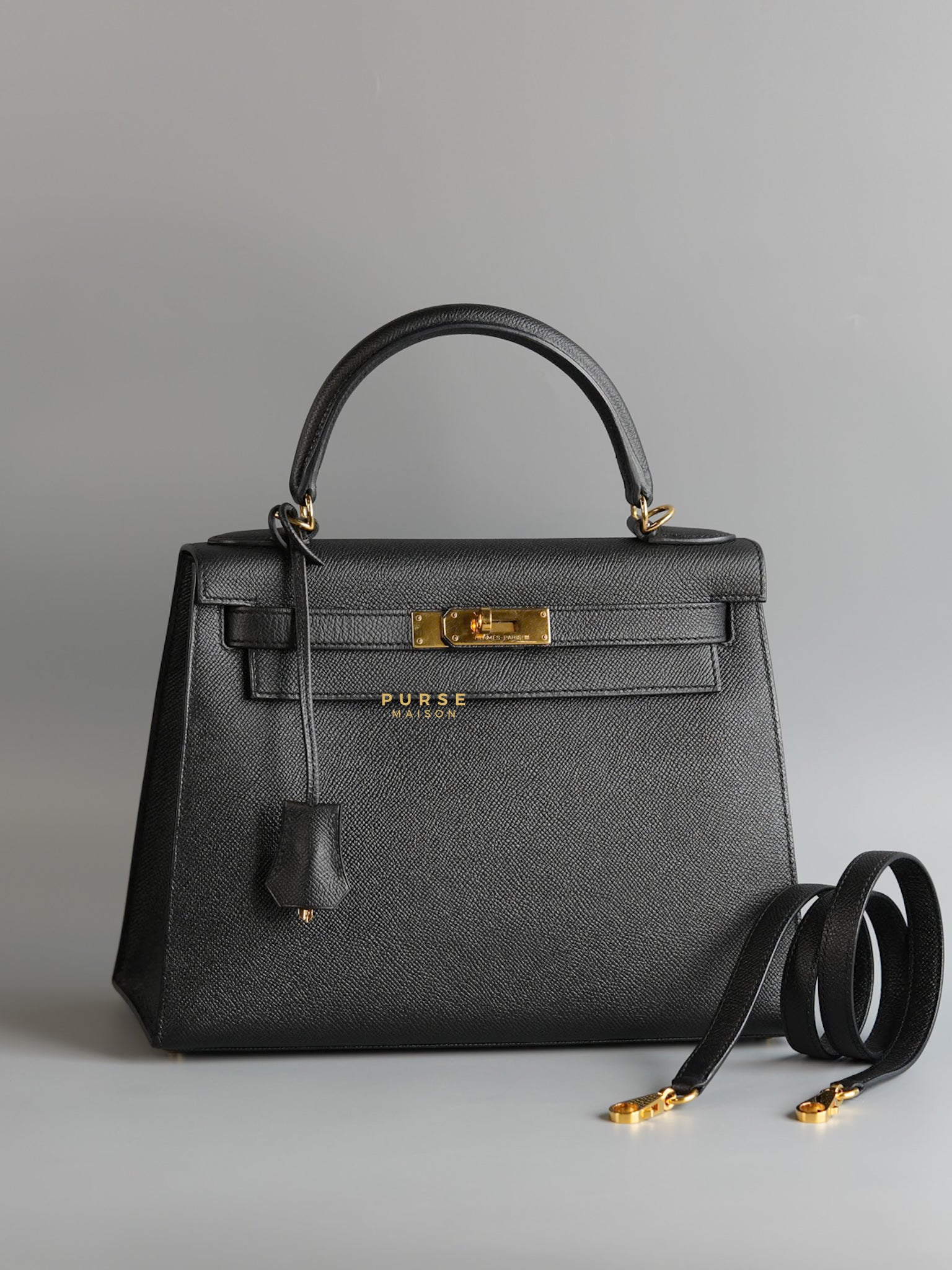 Kelly 28 Sellier Black in Epsom Leather and Gold Hardware Stamp X (2016) | Purse Maison Luxury Bags Shop