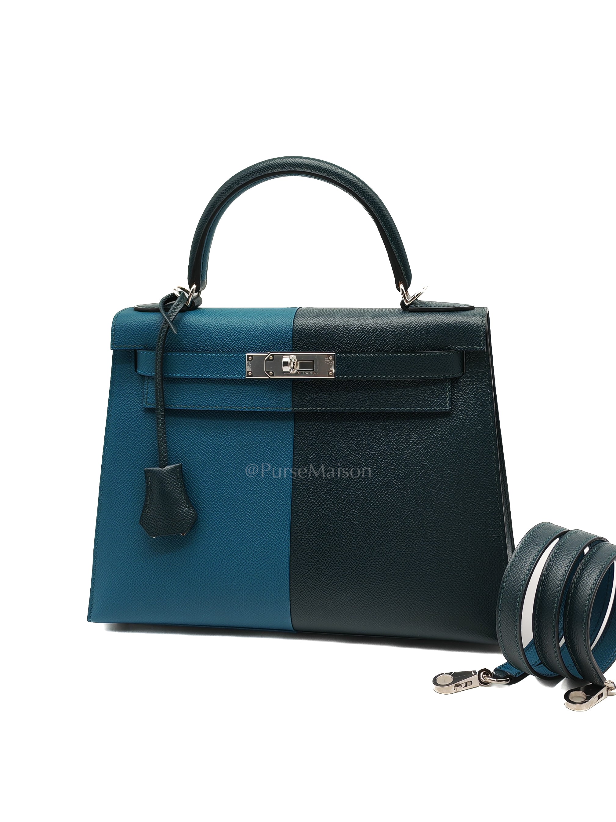Kelly 28 Sellier Casaque Tri-color Vert Cypress/ Vert Bosphore/Gold Epsom Leather and Palladium Hardware Stamp B (2023) | Purse Maison Luxury Bags Shop