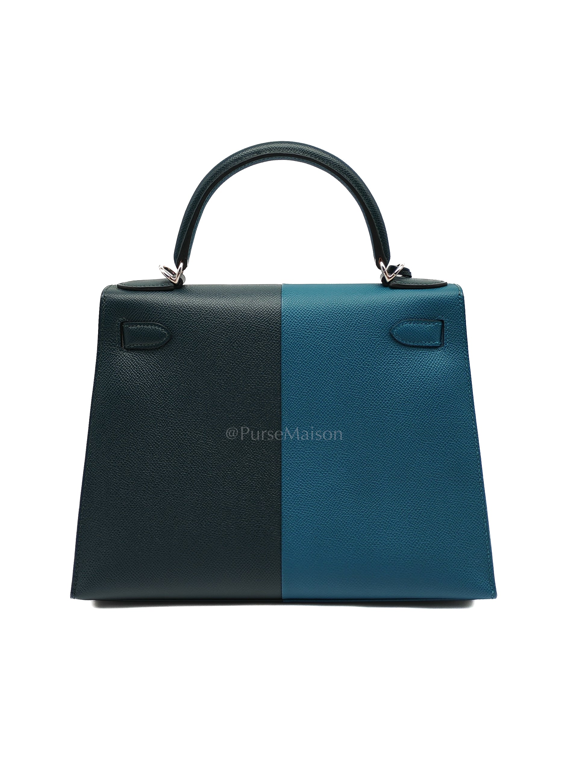 Kelly 28 Sellier Casaque Tri-color Vert Cypress/ Vert Bosphore/Gold Epsom Leather and Palladium Hardware Stamp B (2023) | Purse Maison Luxury Bags Shop