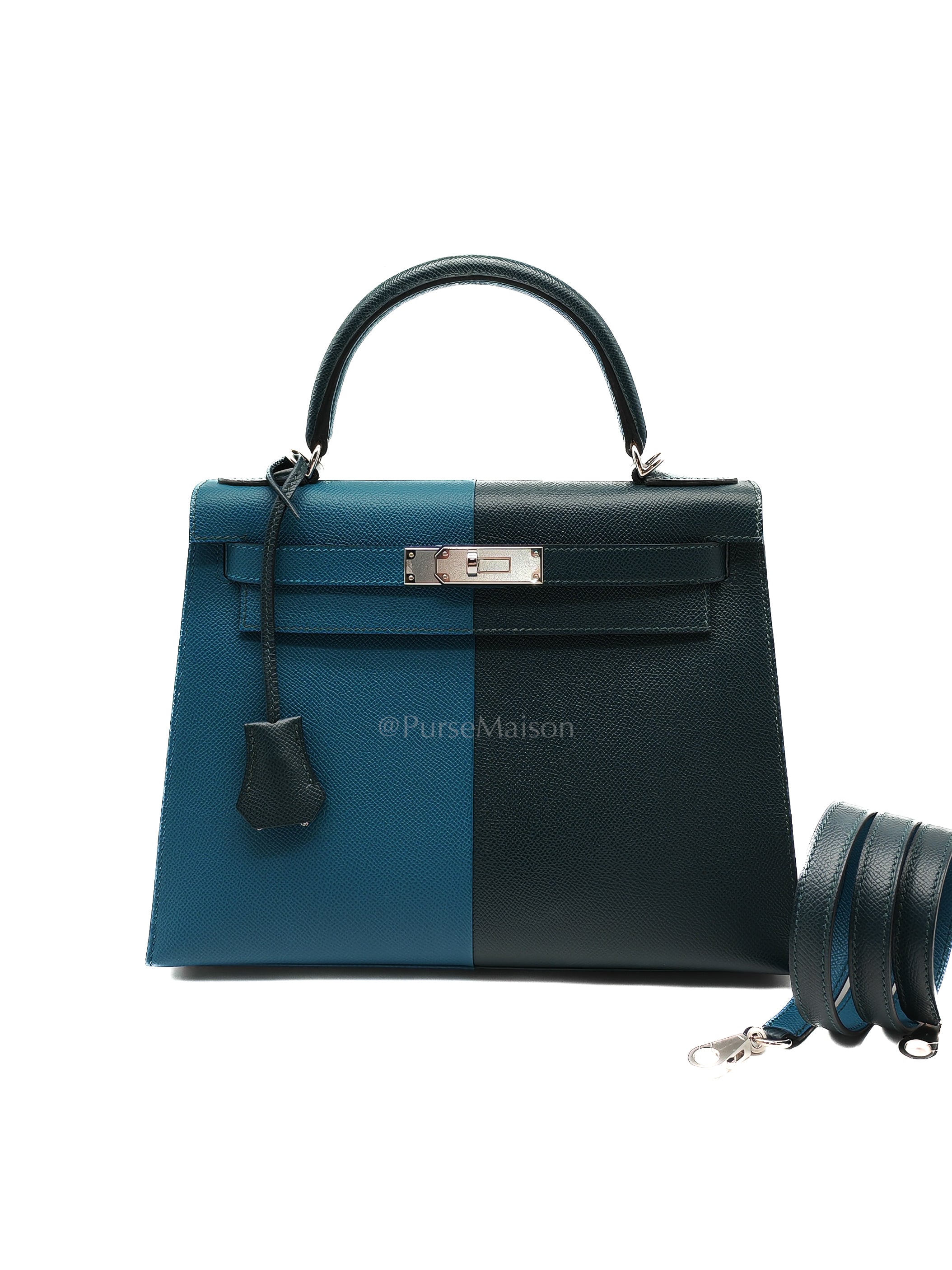 Kelly 28 Sellier Casaque Tri-color Vert Cypress/ Vert Bosphore/Gold Epsom Leather and Palladium Hardware Stamp B (2023) | Purse Maison Luxury Bags Shop