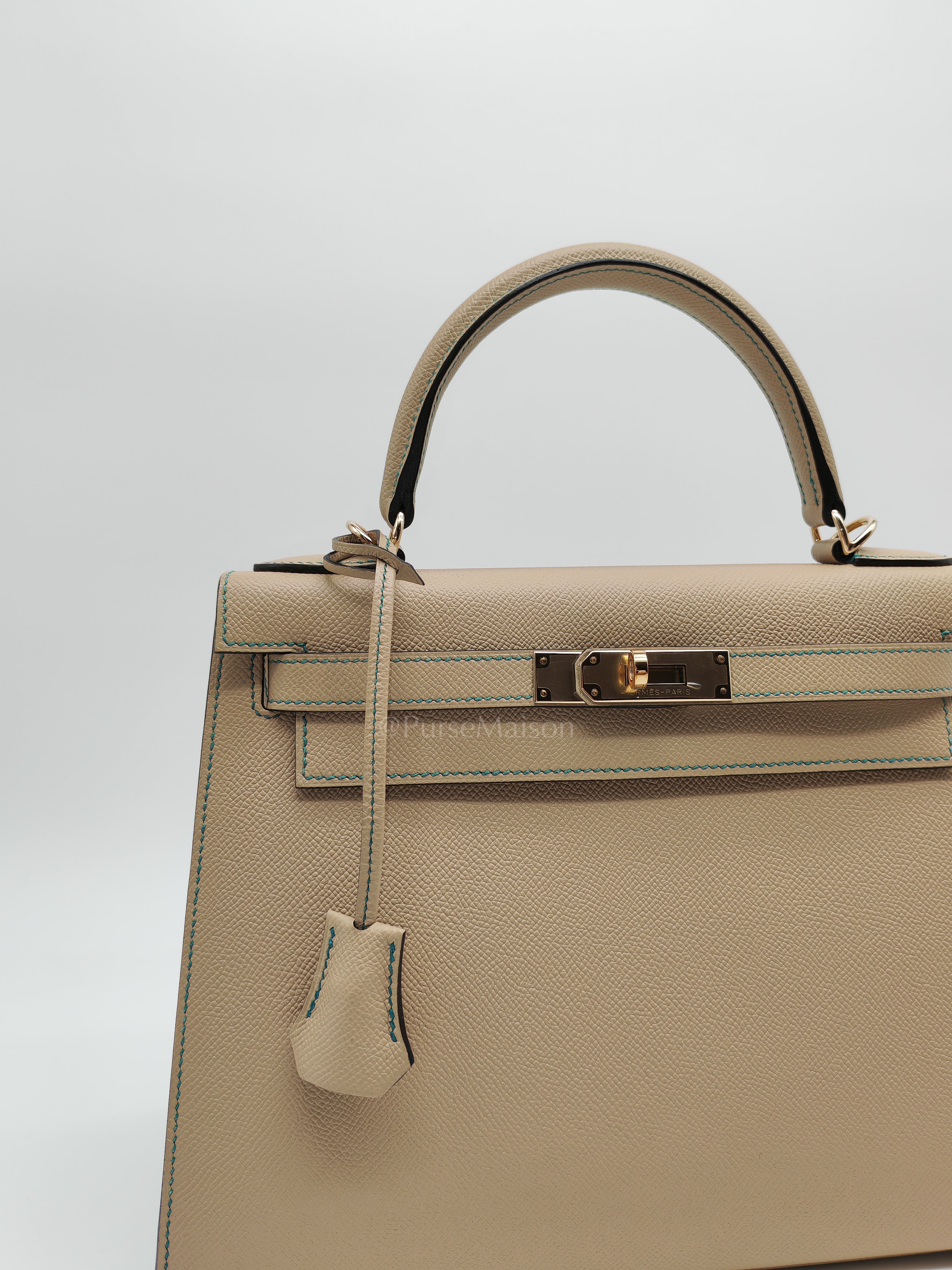 Kelly 28 Sellier Dual Color Trench/Turquoise Epsom Leather in Permabrass Hardware Stamp A(2017) | Purse Maison Luxury Bags Shop