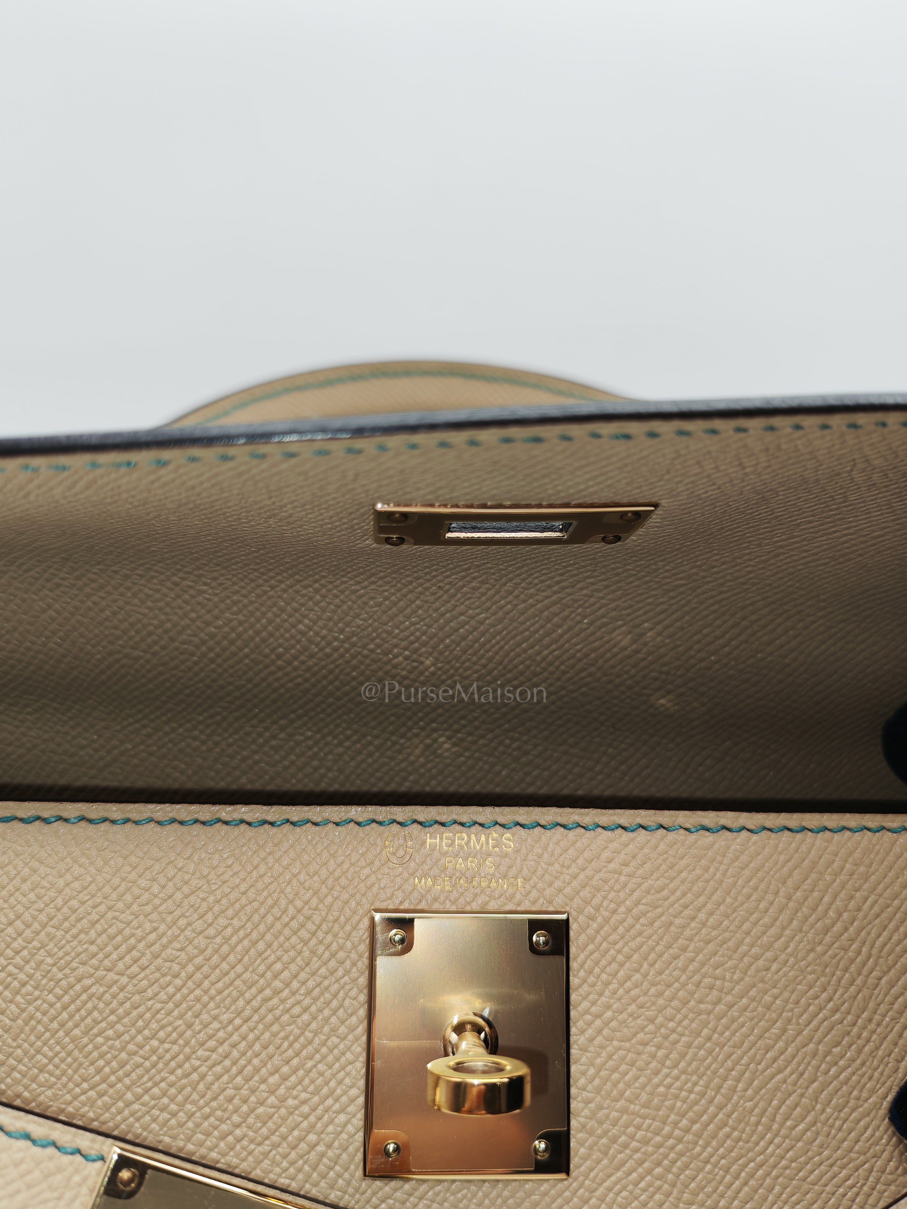 Kelly 28 Sellier Dual Color Trench/Turquoise Epsom Leather in Permabrass Hardware Stamp A(2017) | Purse Maison Luxury Bags Shop