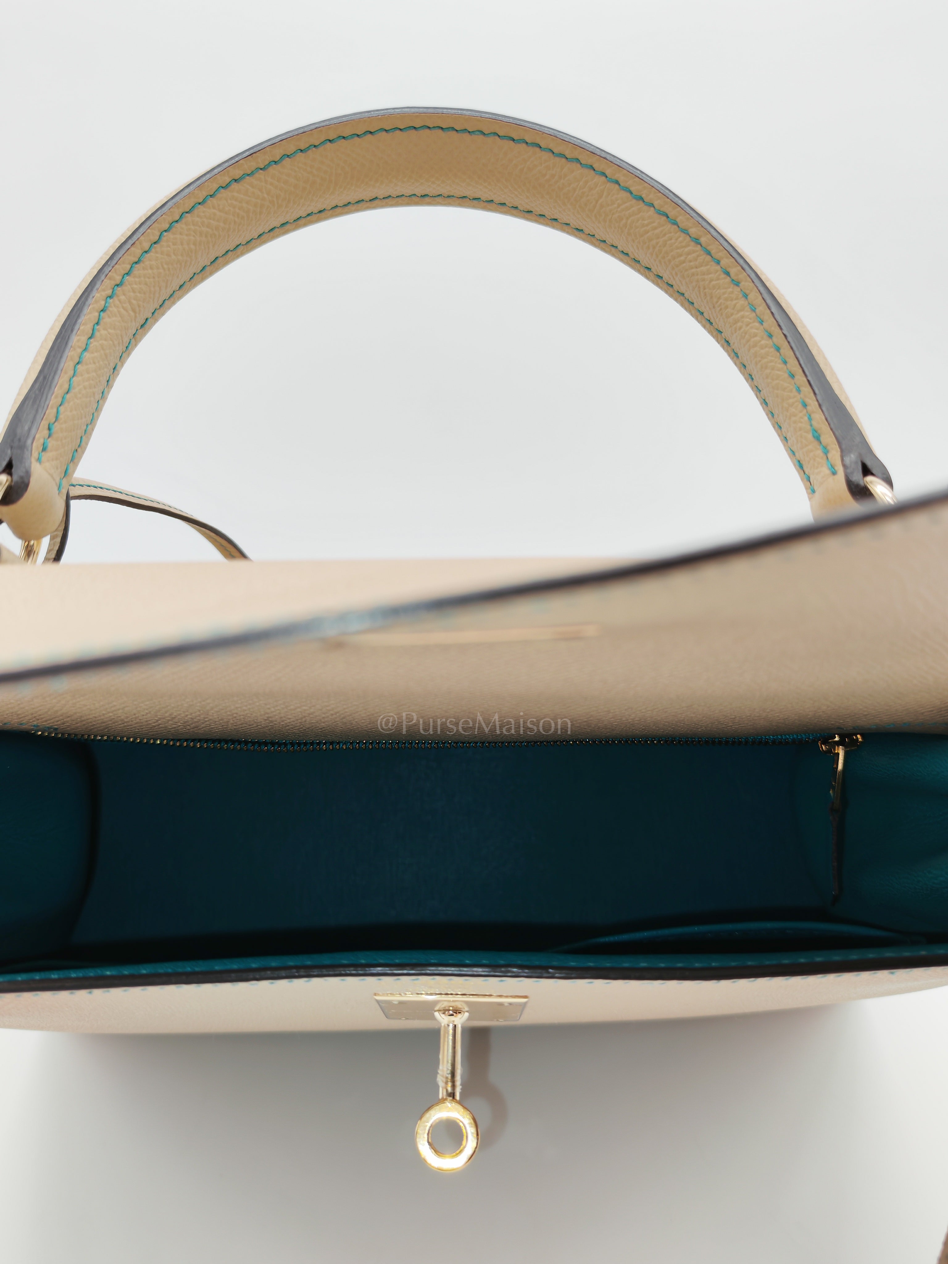 Kelly 28 Sellier Dual Color Trench/Turquoise Epsom Leather in Permabrass Hardware Stamp A(2017) | Purse Maison Luxury Bags Shop