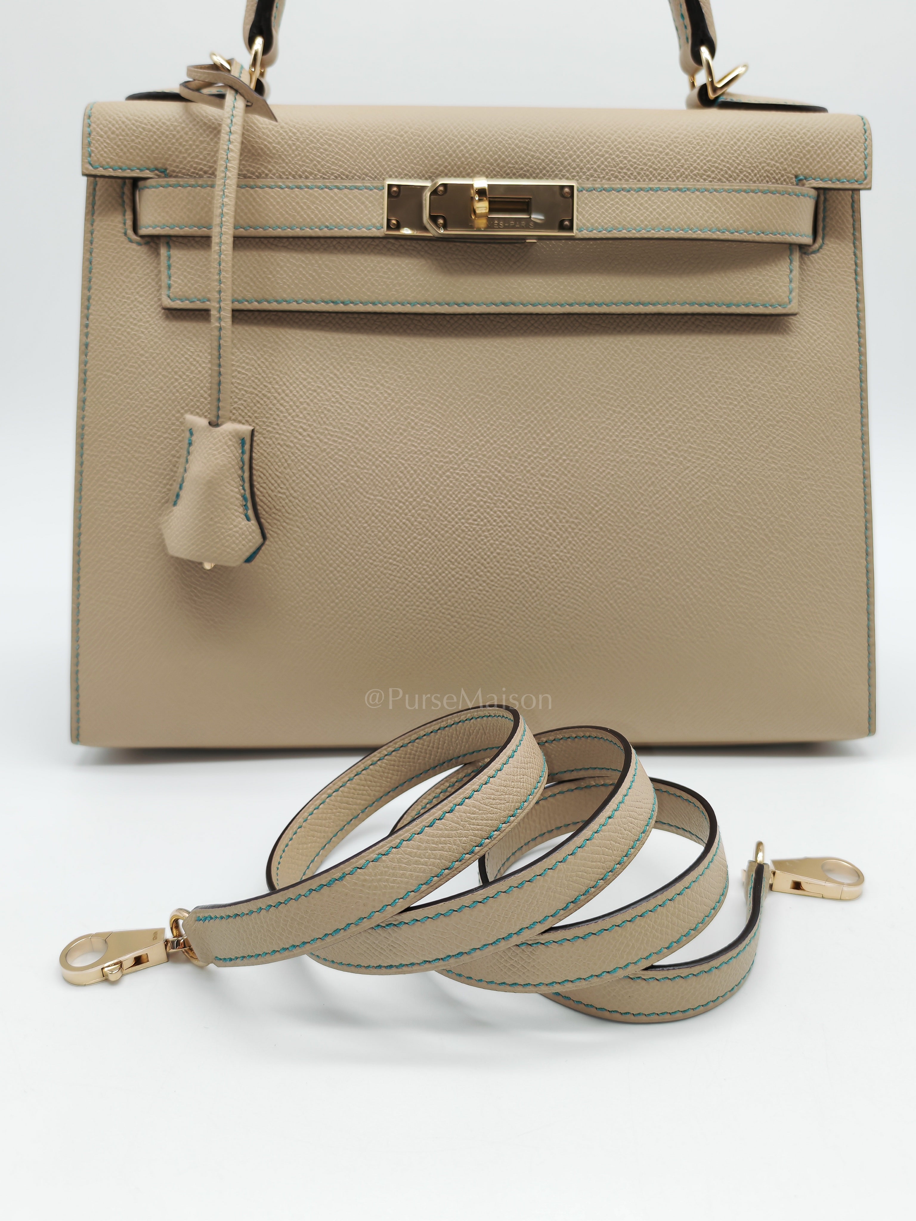 Kelly 28 Sellier Dual Color Trench/Turquoise Epsom Leather in Permabrass Hardware Stamp A(2017) | Purse Maison Luxury Bags Shop