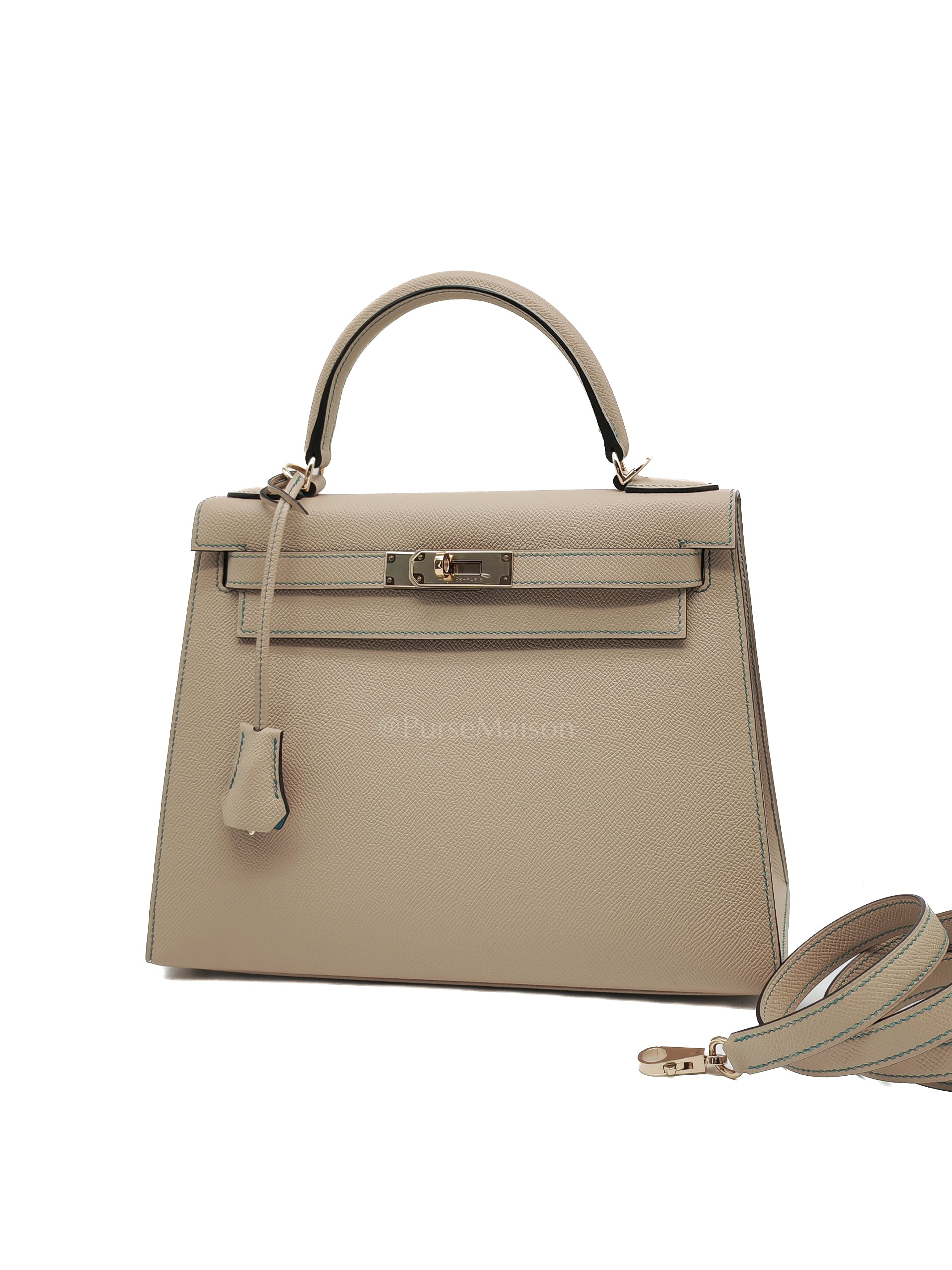 Kelly 28 Sellier Dual Color Trench/Turquoise Epsom Leather in Permabrass Hardware Stamp A(2017) | Purse Maison Luxury Bags Shop
