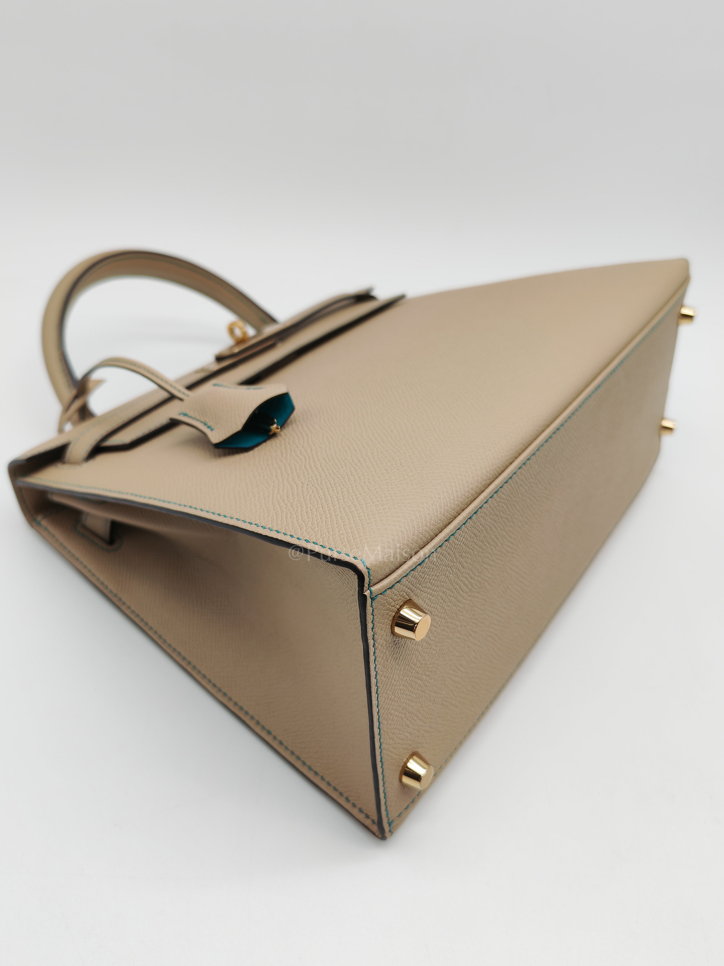 Kelly 28 Sellier Dual Color Trench/Turquoise Epsom Leather in Permabrass Hardware Stamp A(2017) | Purse Maison Luxury Bags Shop