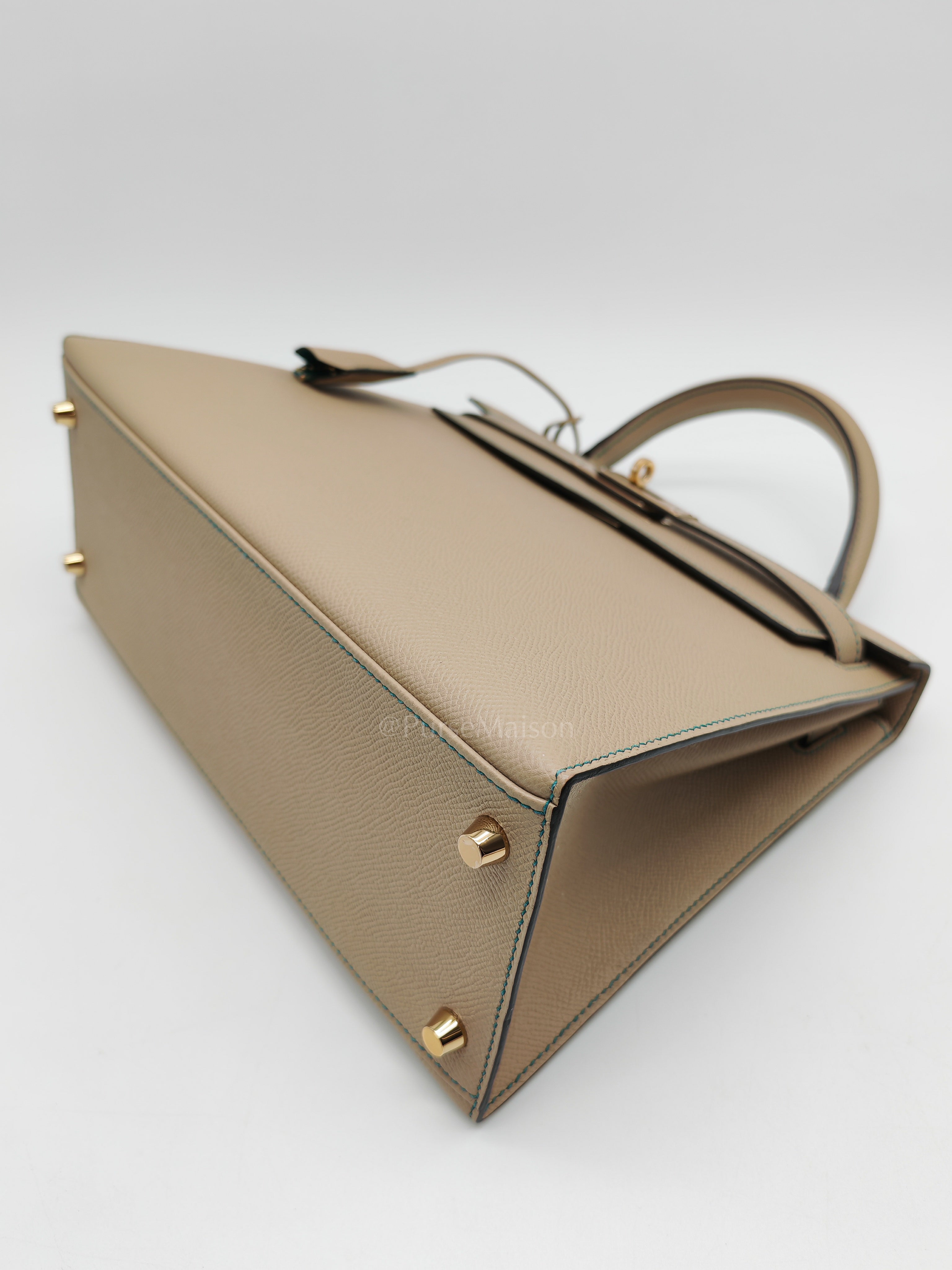 Kelly 28 Sellier Dual Color Trench/Turquoise Epsom Leather in Permabrass Hardware Stamp A(2017) | Purse Maison Luxury Bags Shop