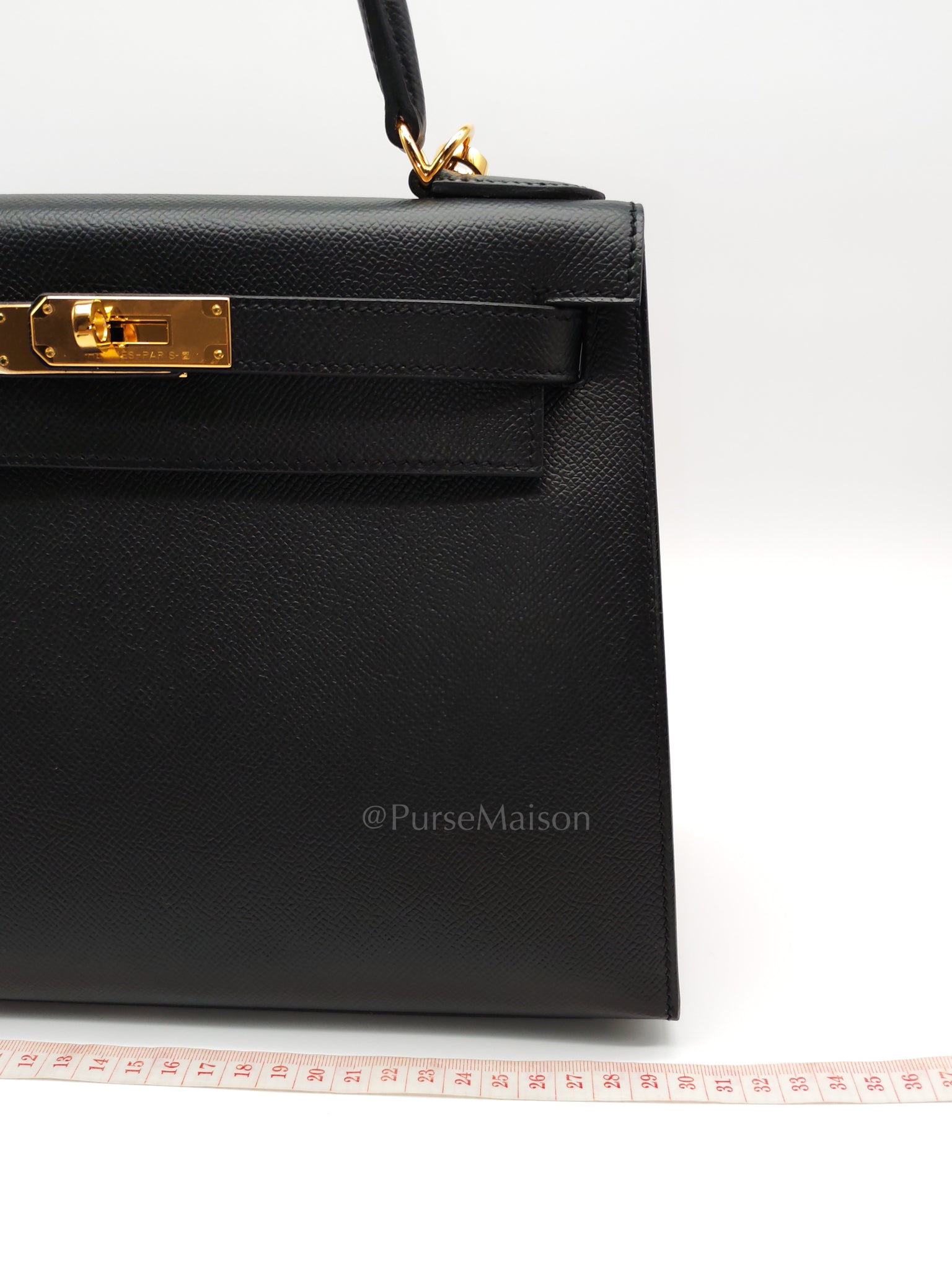 Kelly 28 Sellier in Black Epsom Leather and Gold Hardware Stamp A (2017) | Purse Maison Luxury Bags Shop