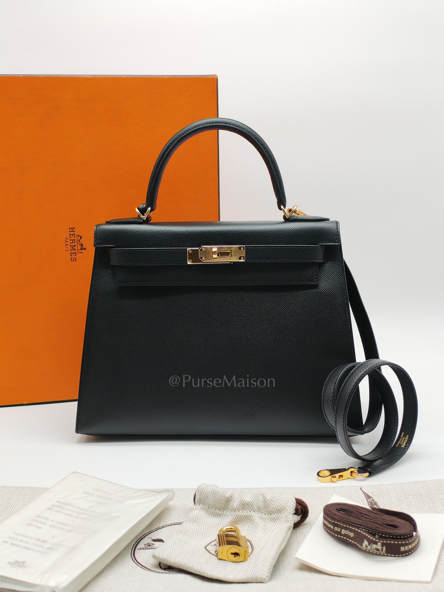 Kelly 28 Sellier in Black Epsom Leather and Gold Hardware Stamp A (2017) | Purse Maison Luxury Bags Shop