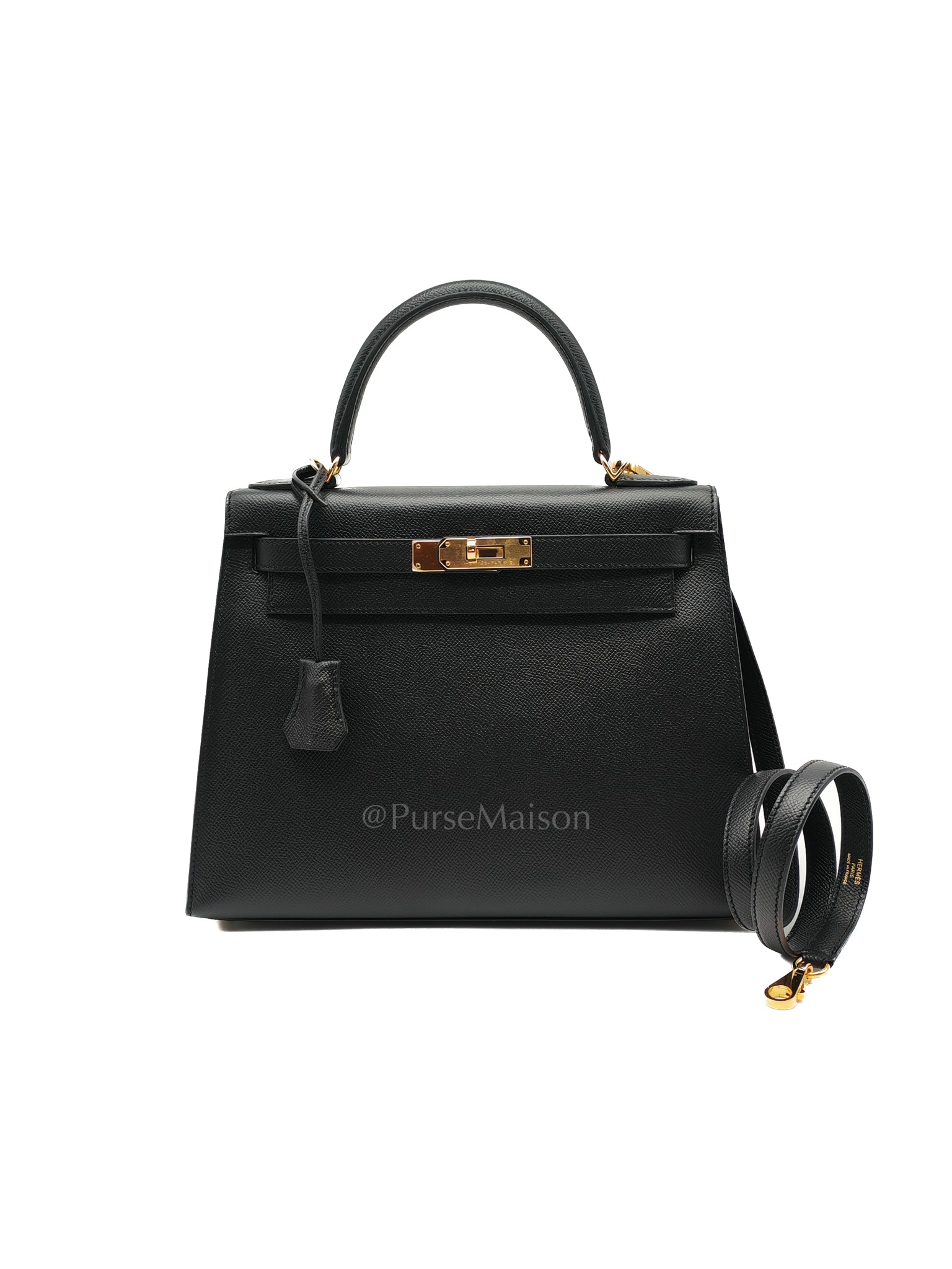 Kelly 28 Sellier in Black Epsom Leather and Gold Hardware Stamp A (2017) | Purse Maison Luxury Bags Shop
