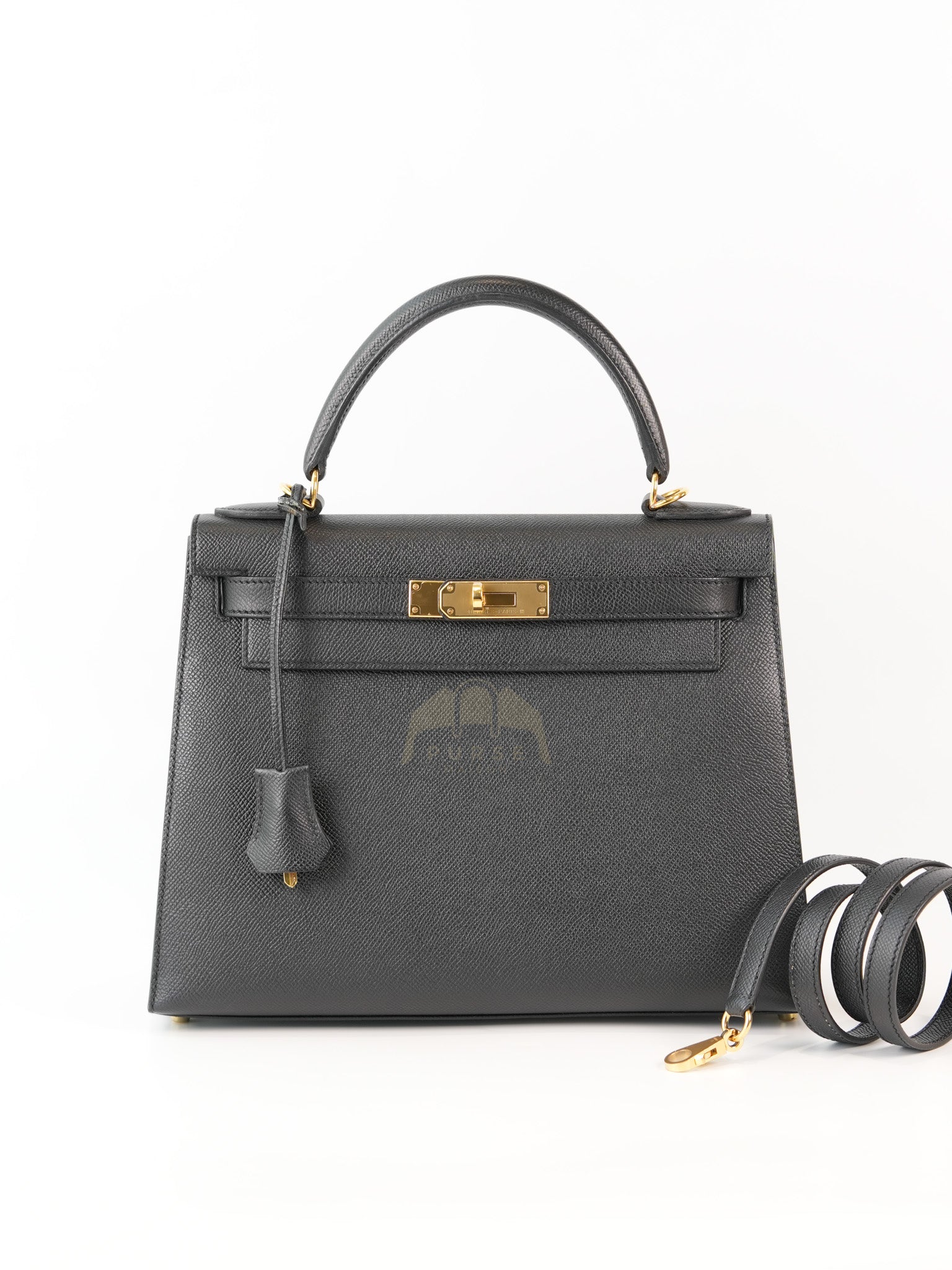 Kelly 28 Sellier in Black Epsom Leather and Gold Hardware Stamp C (2018) | Purse Maison Luxury Bags Shop