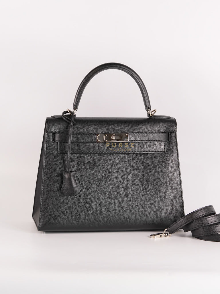 Kelly 28 Sellier in Black Epsom Leather and Palladium Hardware Stamp C (2018) | Purse Maison Luxury Bags Shop