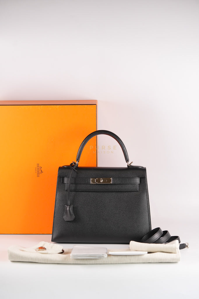 Kelly 28 Sellier in Black Epsom Leather and Palladium Hardware Stamp C (2018) | Purse Maison Luxury Bags Shop