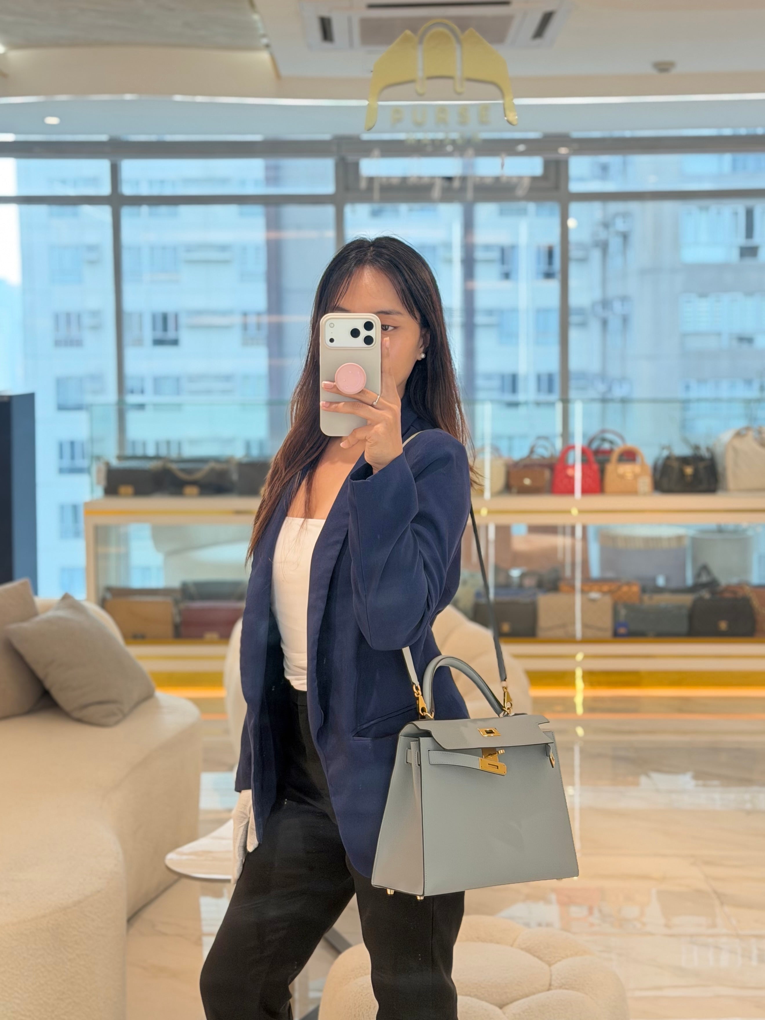 Kelly 28 Sellier in Bleu Glacier Epsom Leather and Gold Hardware Stamp C (2018) | Purse Maison Luxury Bags Shop