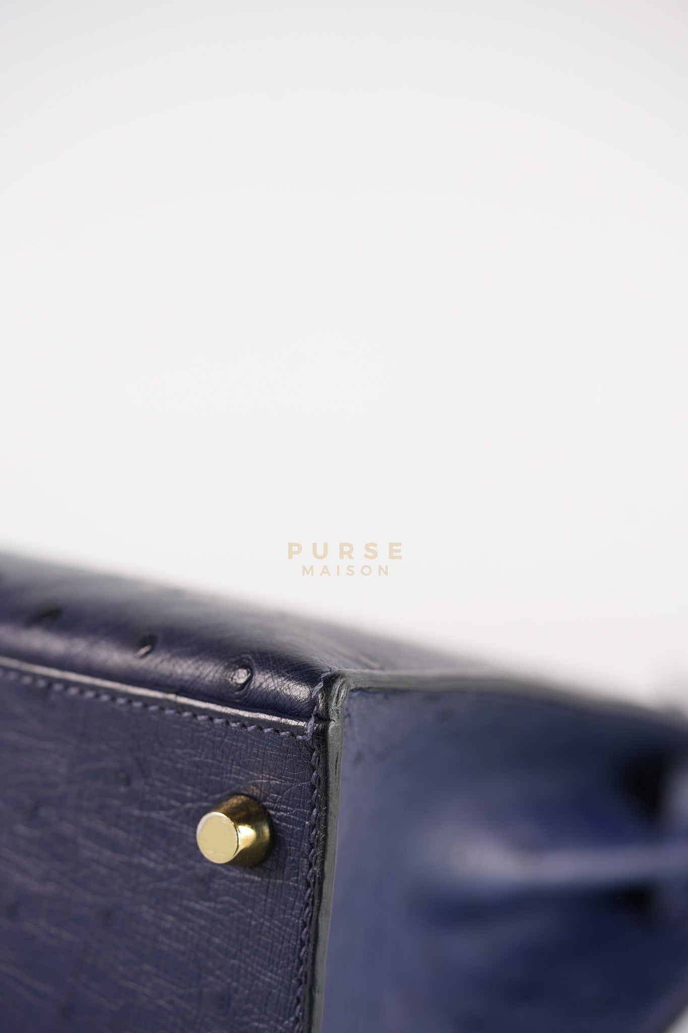 Kelly 28 Sellier in Blue Iris Ostrich Leather and Gold Hardware Stamp T (2015) | Purse Maison Luxury Bags Shop