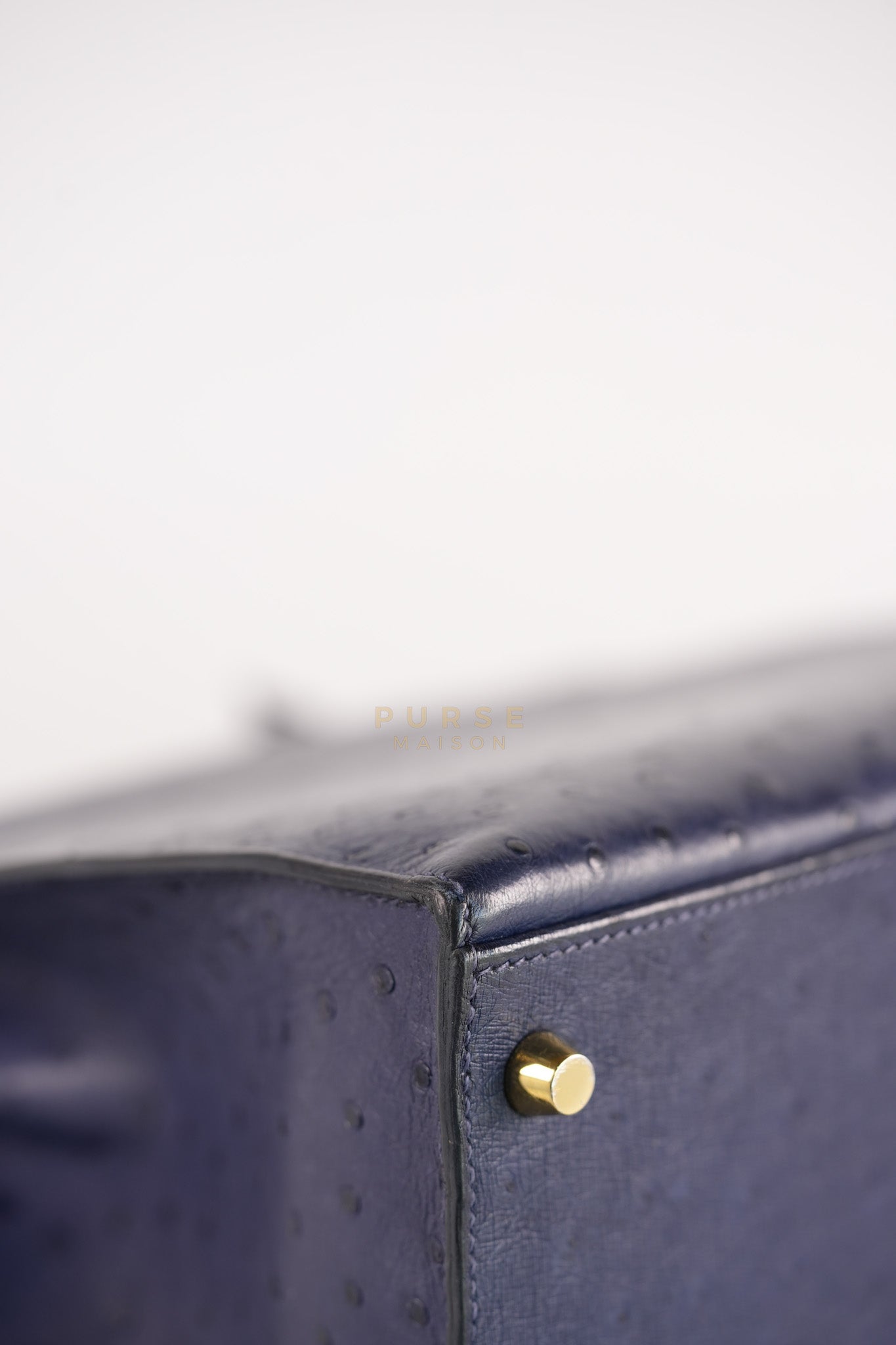 Kelly 28 Sellier in Blue Iris Ostrich Leather and Gold Hardware Stamp T (2015) | Purse Maison Luxury Bags Shop